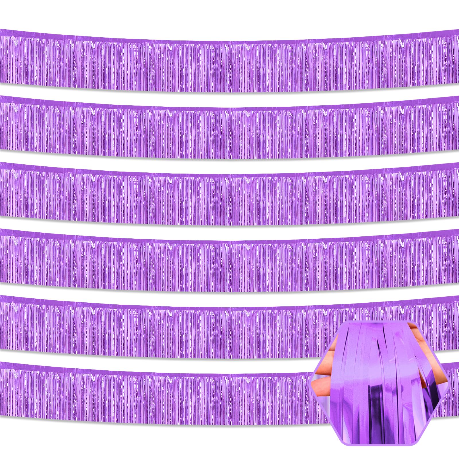 6 Pack 10 Feet Light Purple Foil Fringe Garland Metallic Tinsel Streamers Banner Wall Hanging Curtain Backdrop for Parade Floats, Birthday, Graduate, Mother's Day, Wedding Party Decoration