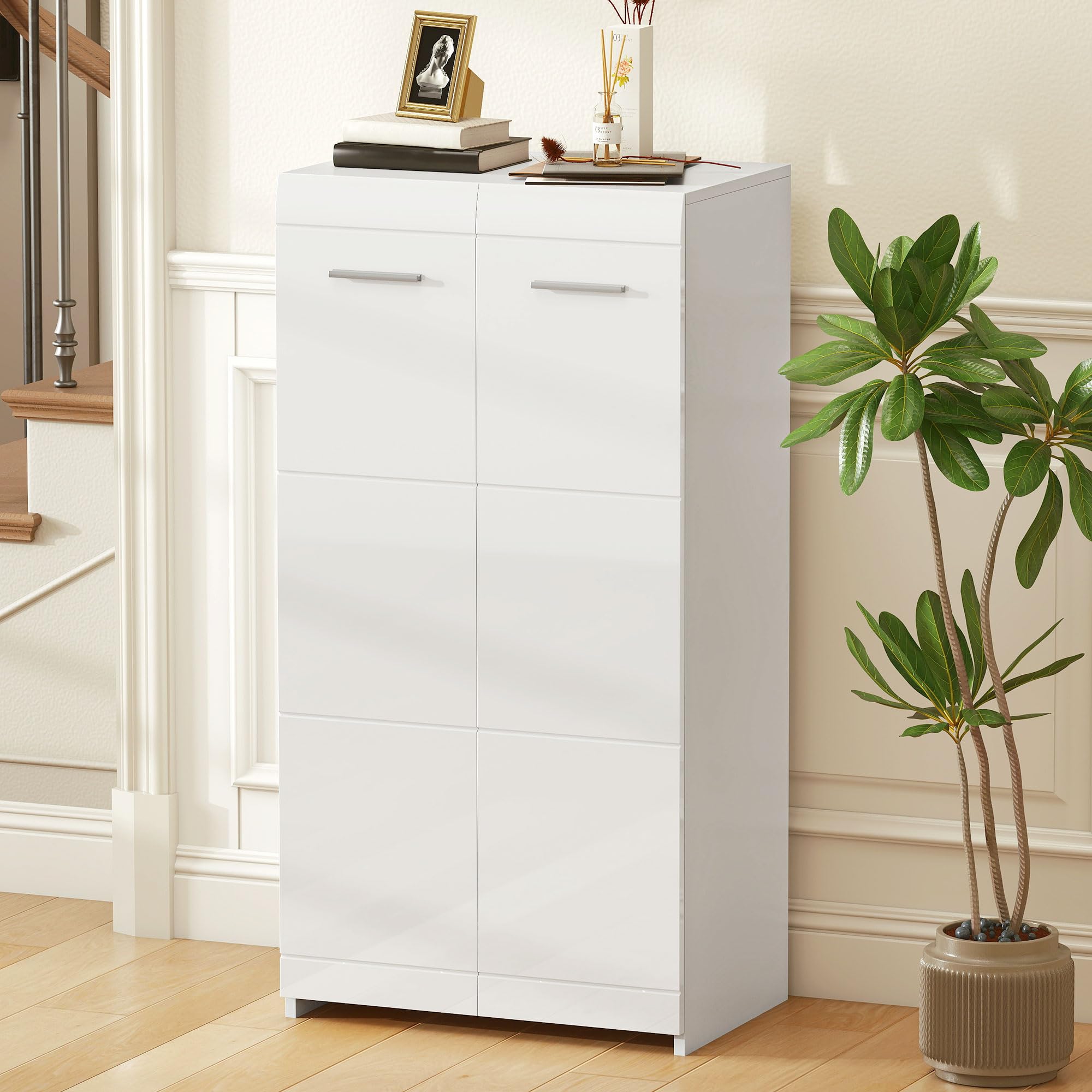 HOMCOM Scarpiera Ingresso con 5 Ripiani, Scarpiera Armadio Moderno a 2 Ante con Ripiani Regolabili Rimovibili, Porta Scarpe Salvaspazio per 10 Paia per Corridoio, 55x36x108 cm, Bianco Lucido