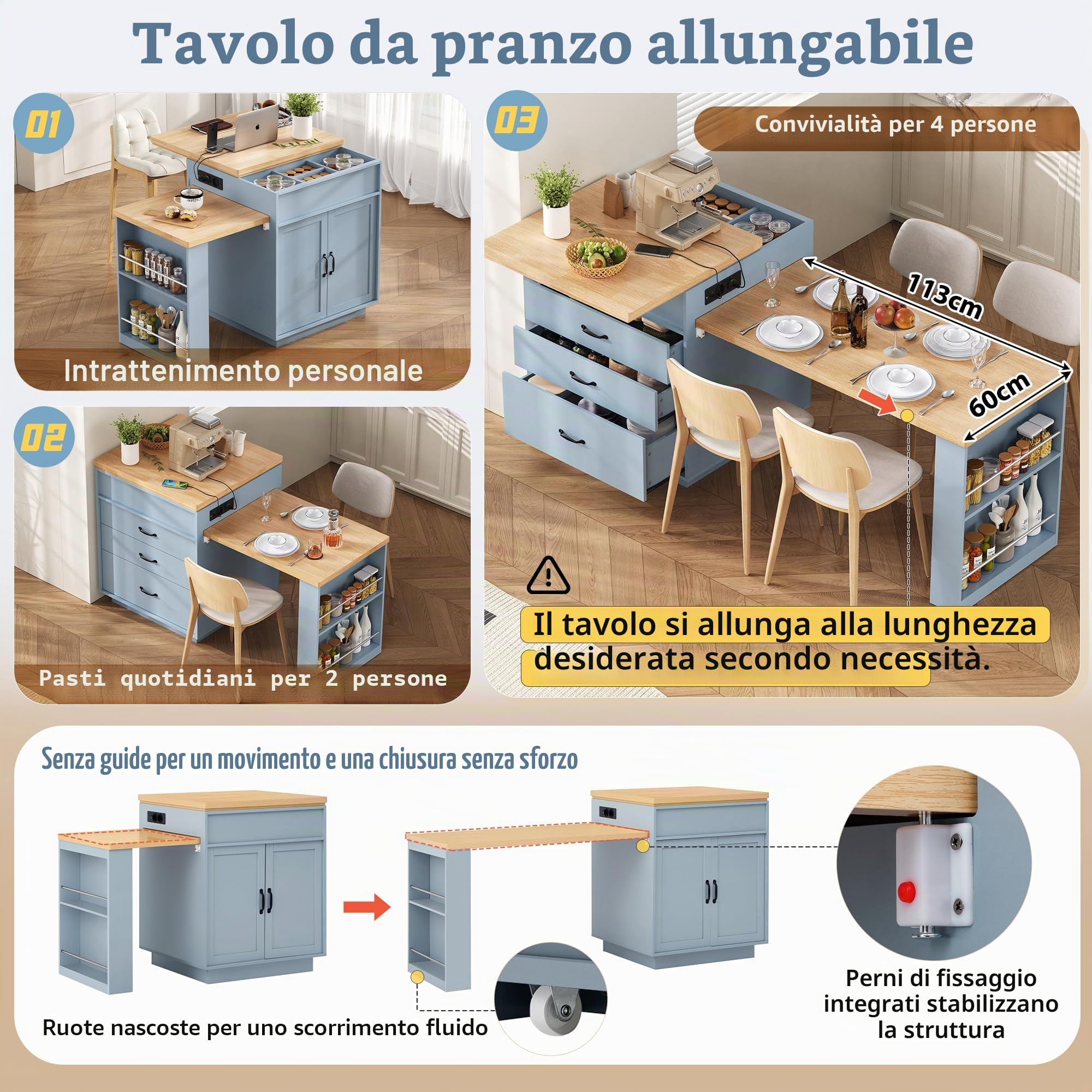 Isola da cucina, armadio da cucina con ruote, tavolo da pranzo allungabile con illuminazione a LED, tavolo da cucina con prese, come credenza, carrello per mobili o tavolo da bar per cucina