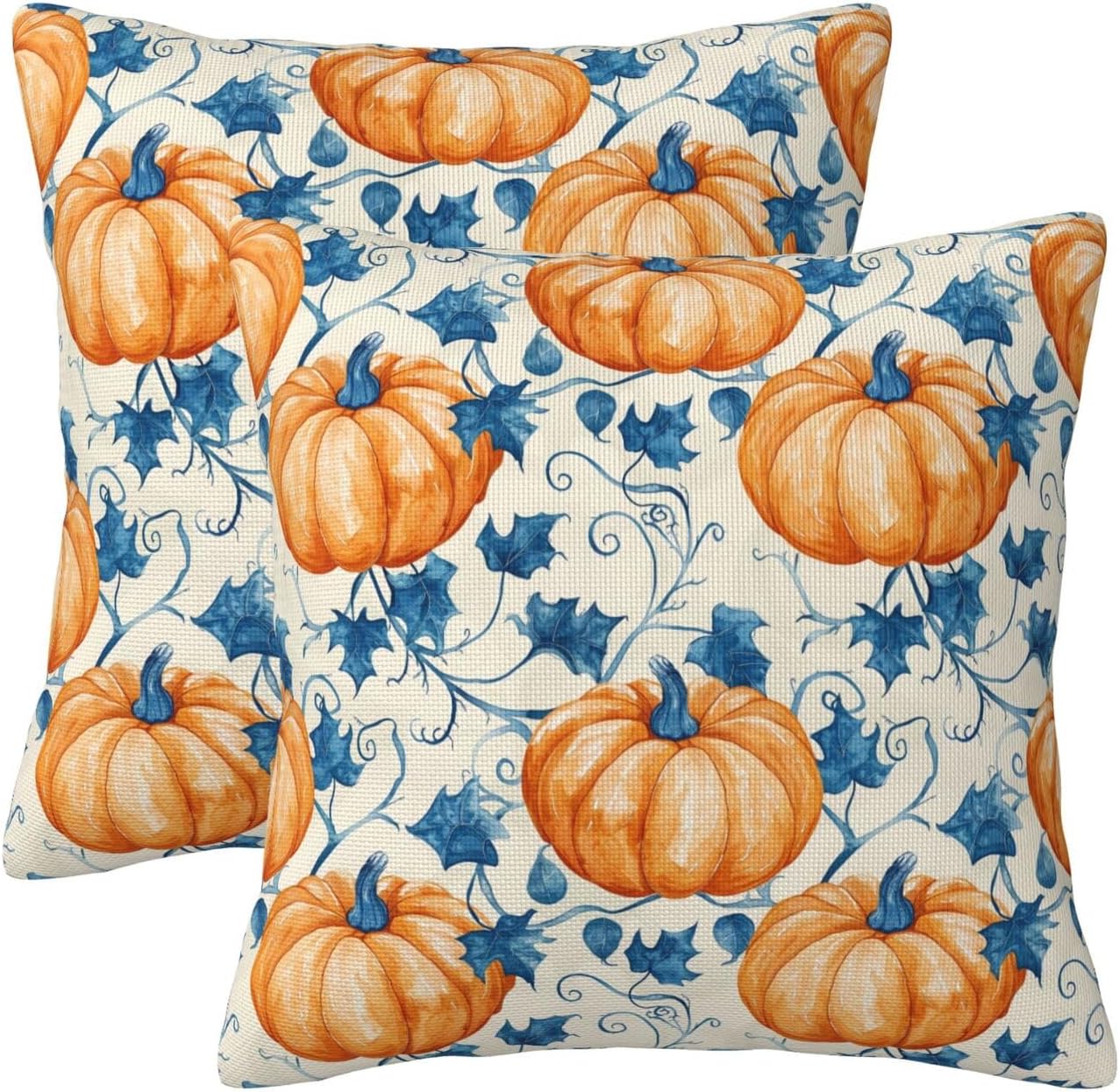 KiuLoam Fall Orange Pumpkin Blue Leaf Pillow Covers 22x22 Inch Set of 2 Autumn Themed Decorative Throw Pillows Outdoor Thanksgiving Farmhouse Decor Cushion Covers for Sofa Bed Couch Living Room