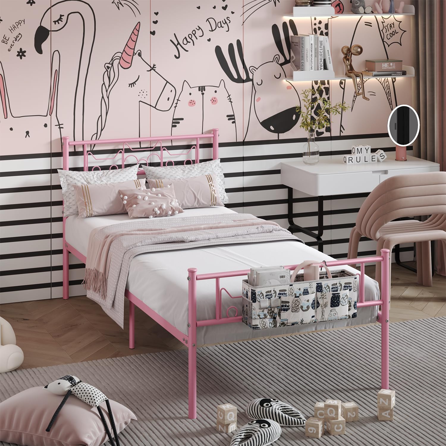 Twin Size Metal Platform Bed Frame with Headboard, Pink, Cute Kitty Design, With Multifunctional Storage Bag, Ample Under-Bed Storage
