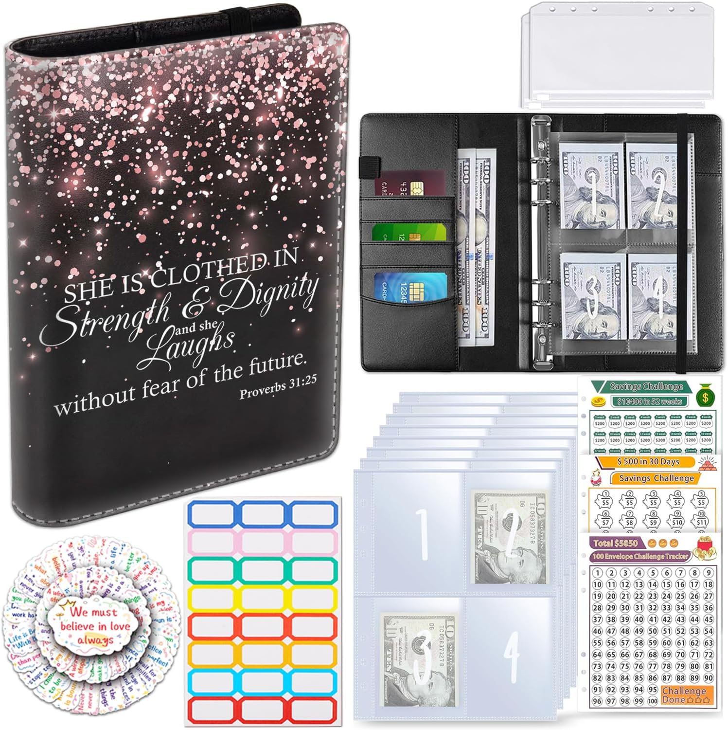 100 Envelopes Money Saving Challenge, Money Saving Budget Binder with Cash Envelopes, Motivational Process to Save $5050, A5 Saving Challenge Book - Proverbs 31-25 Rose Gold Glitter Black