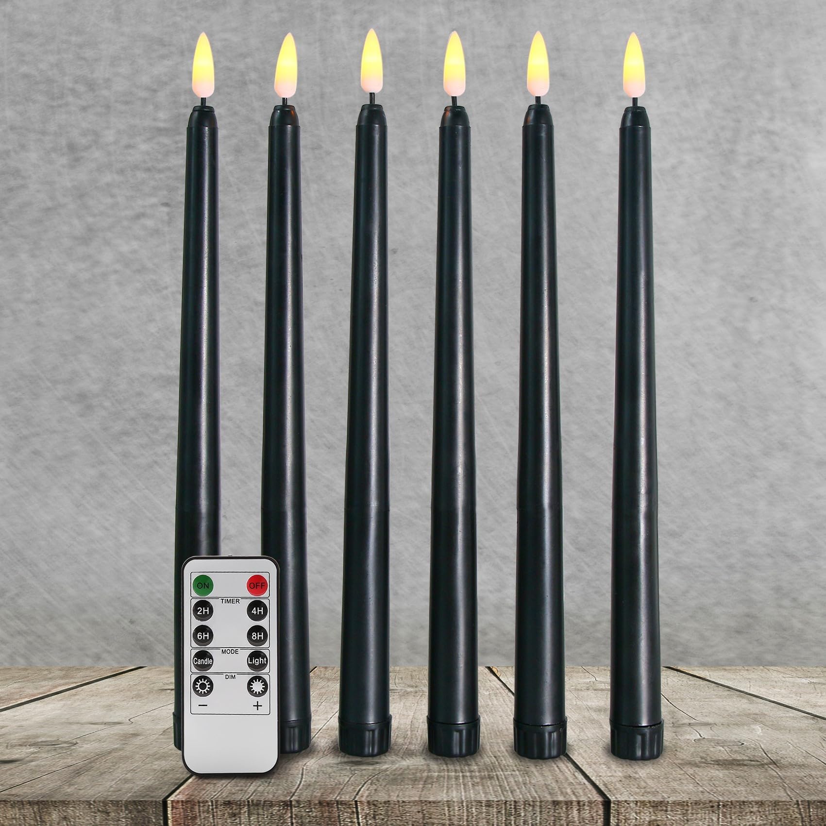 Black Halloween Flameless Taper Candles with Remote, Battery LED Candlesticks Flickering Set of 6