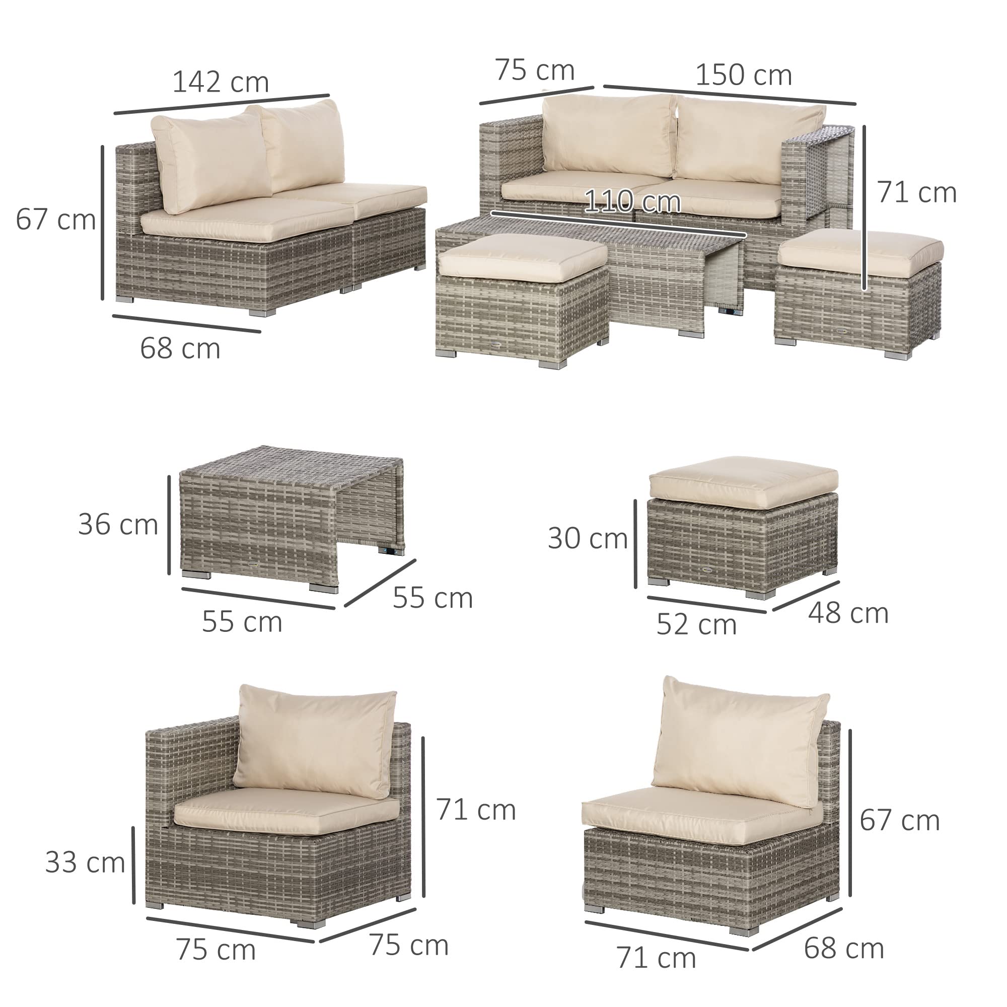 Outsunny Salotto da Esterno in Rattan PE da 8 Pezzi, Set Mobile da Giardino Salvaspazio con Poltrone, Tavolini e Sgabelli, Beige