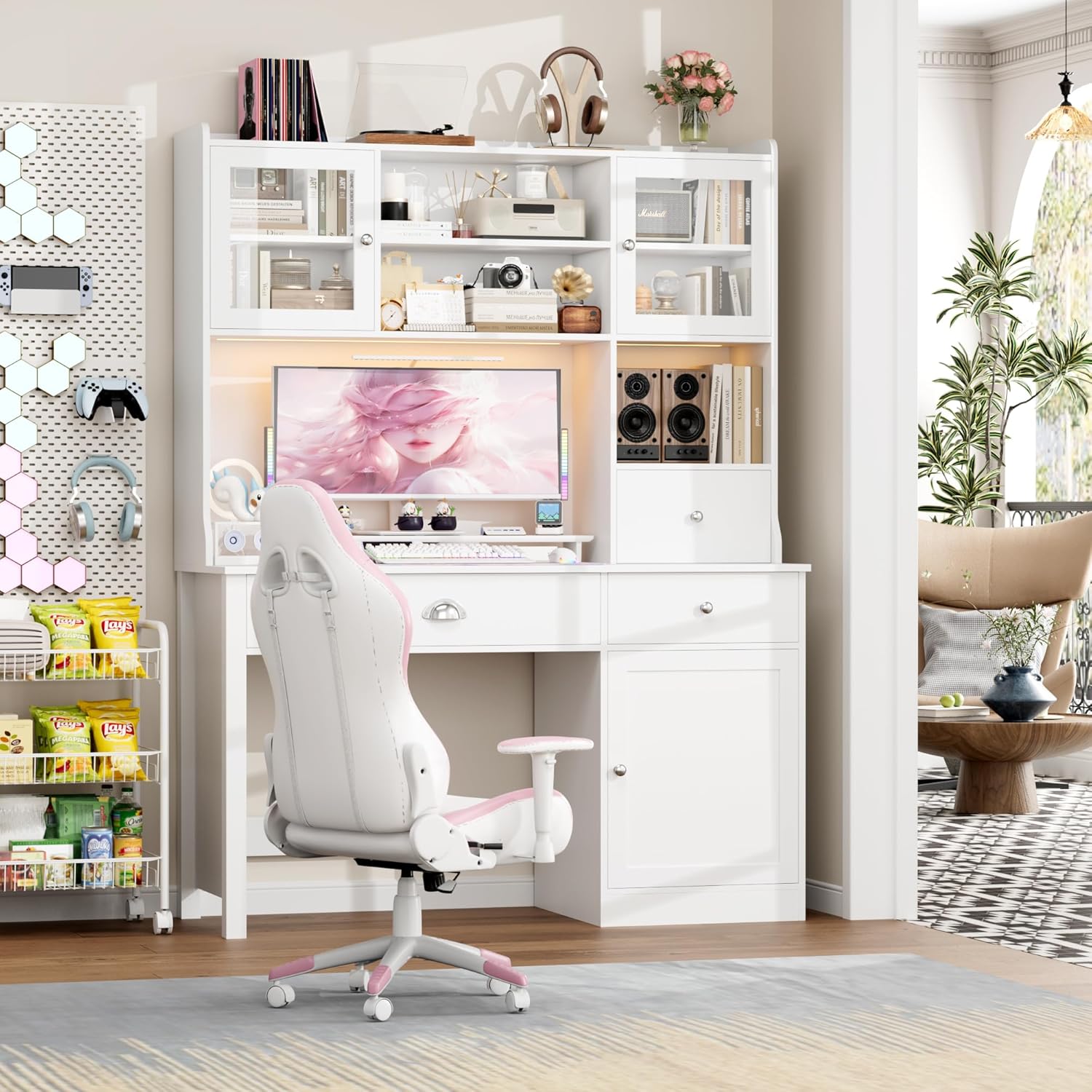FACBOTALL Computer Desk with Hutch and RGB Lights, 65" Office Desk with Power Outlet, Makeup Vanity with 3 Doors & 3 Drawers, White Executive Desks for Home, Work and Study