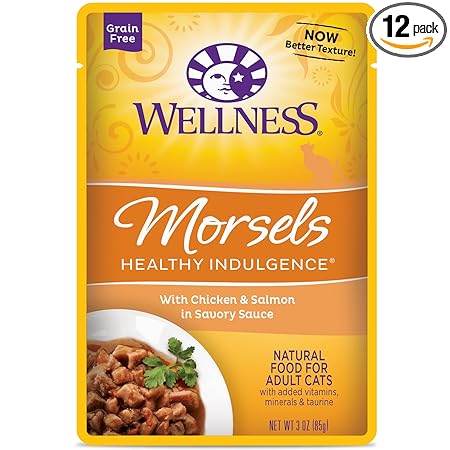 Wellness Healthy Indulgence Natural Grain Free Wet Cat Food, Morsels Chicken & Salmon, 3-Ounce Pouch (Pack of 24)
