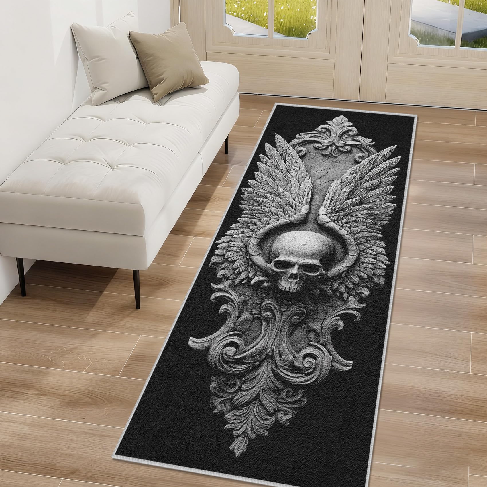 Generisch Gothic Schädel Läufer Teppich Flur 60x180cm Waschbar Engelsflügel Teppichläufer rutschfest Kurzflor Teppich Läufer für Eingang, küche, Schlafzimmer, Wohnzimmer, Korridor ZU&Q348