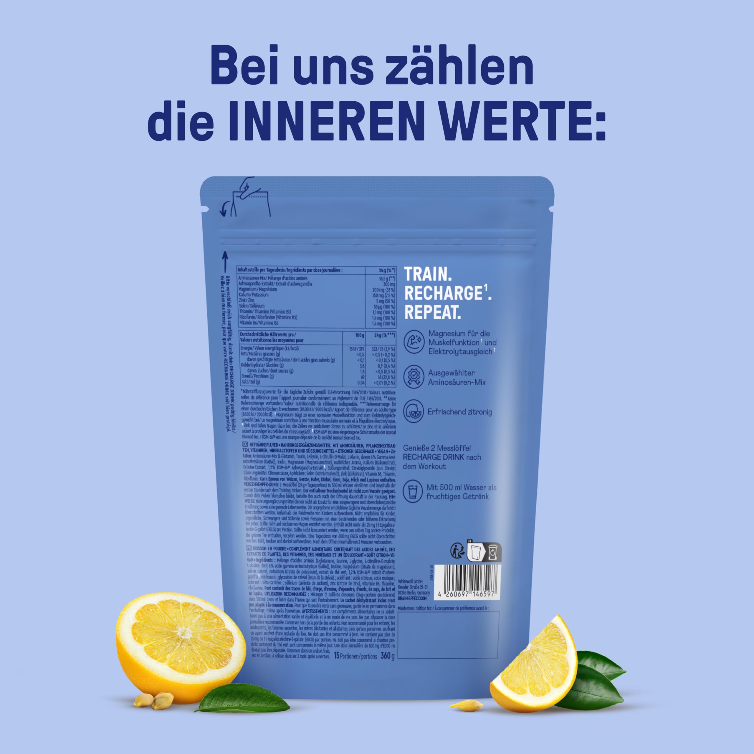 BRAINEFFECT RECHARGE - Premium Hydratationsmischung [360g] - Elektrolyte Ohne Zucker (Mit Stevia) + EAA & BCAA Pulver - Isotonisches Getränkepulver mit Aminosäuren - Zitronen Geschmack