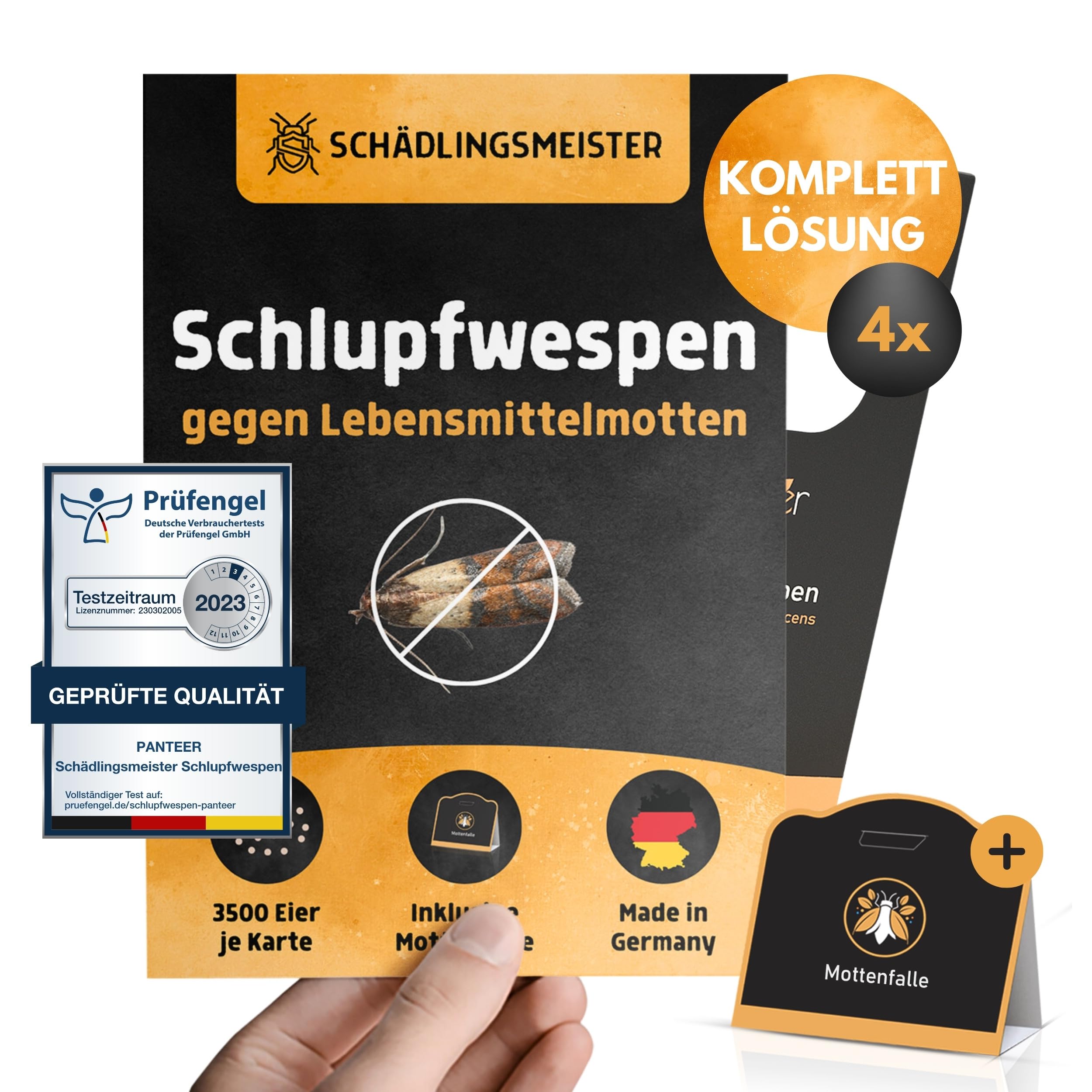 Panteer® Schlupfwespen gegen Lebensmittelmotten + GRATIS Mottenfalle - 12 Karten (4 Karten à 3 Lieferungen) - Schlupfwespen - Lebensmittelmotten Falle - Schlupfwespen gegen Motten - Made in Germany