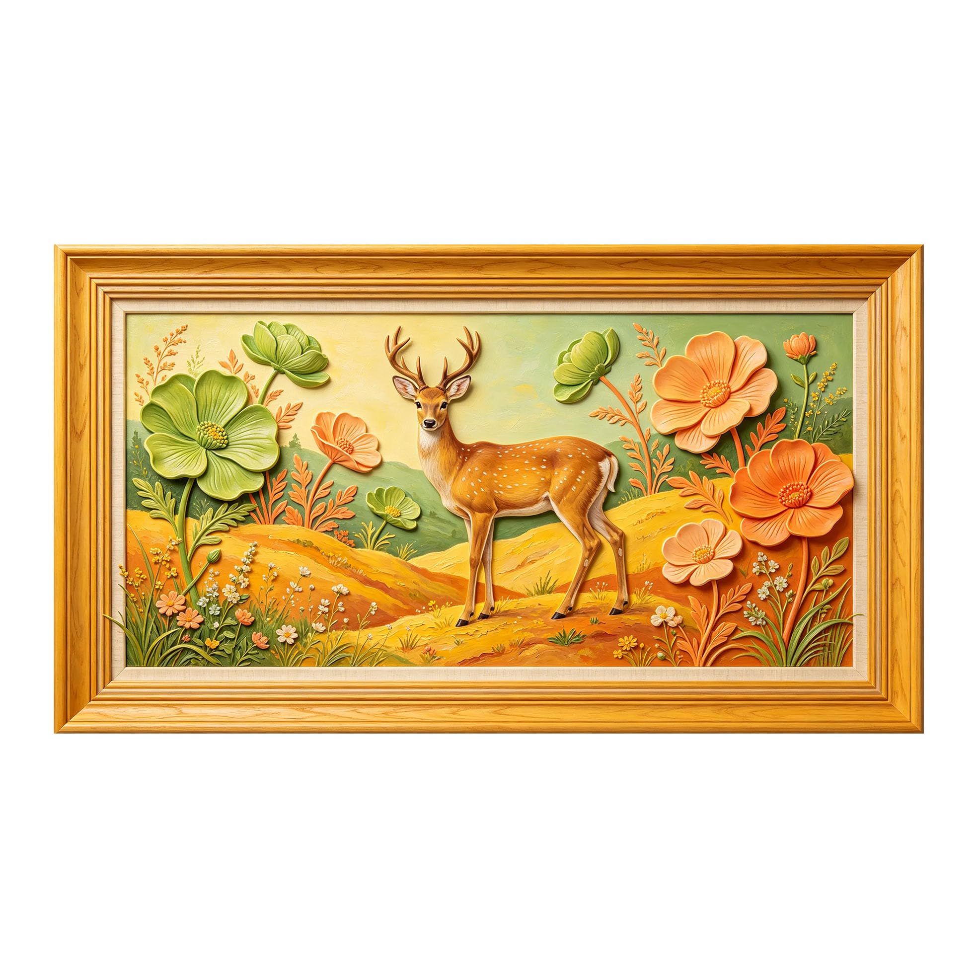 Yzpallescene 3D 3D Framed Wall Art 50cm×90cm Deer Meadow Pastoral Oil Painting Large Size SelfAdhesive Removable Wall Decor Prints Artwork for Living Room Bedroom Office