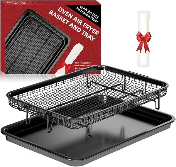 Air Fryer Basket for Oven,18.8 x 12.8 Oven Air Fryer Basket and Tray Set with 30 PCS Parchment Papers, THORSES Thickened