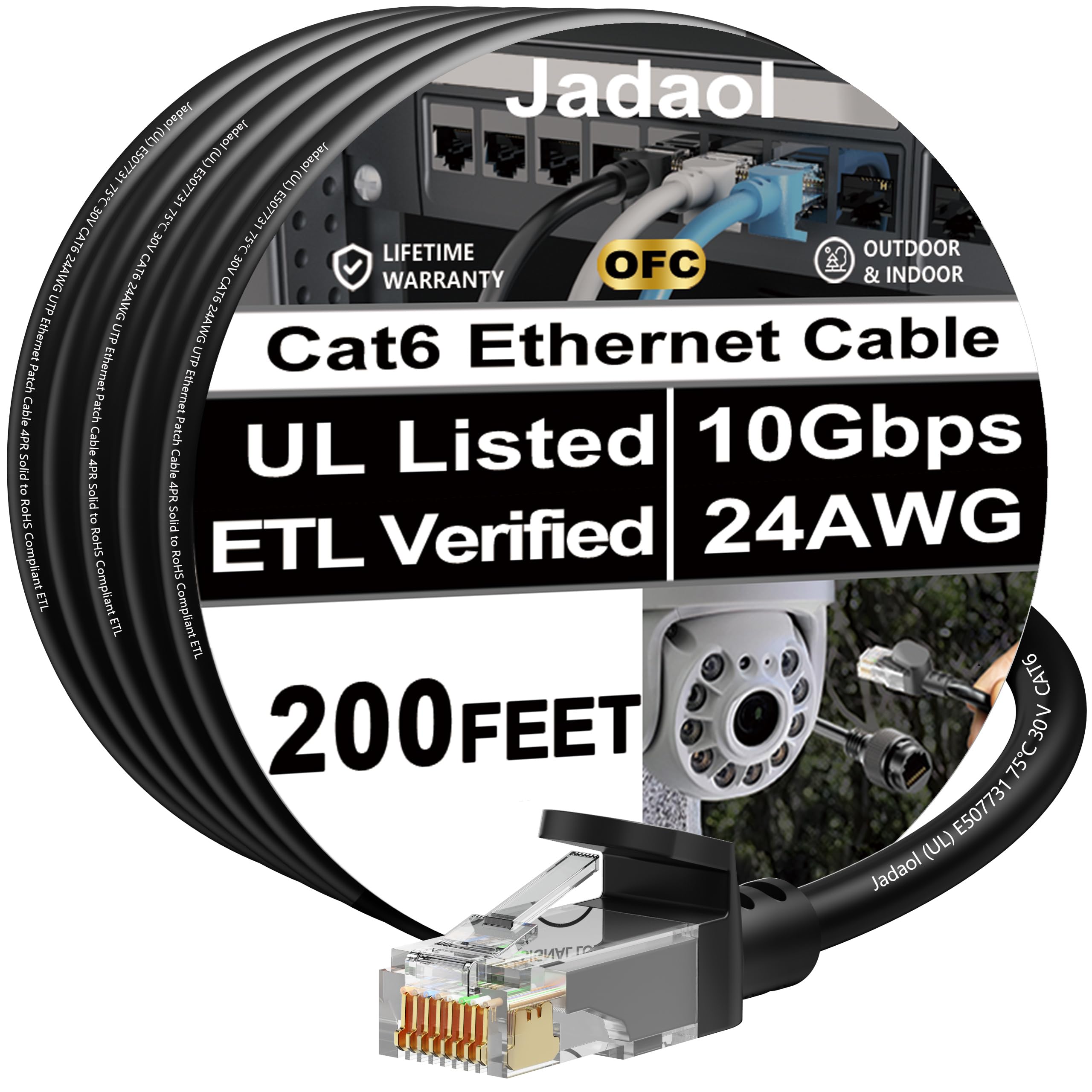 Jadaol [UL Listed Cat6 Cavo Ethernet 200FT 10Gbps 24AWG Rame Puro Nero