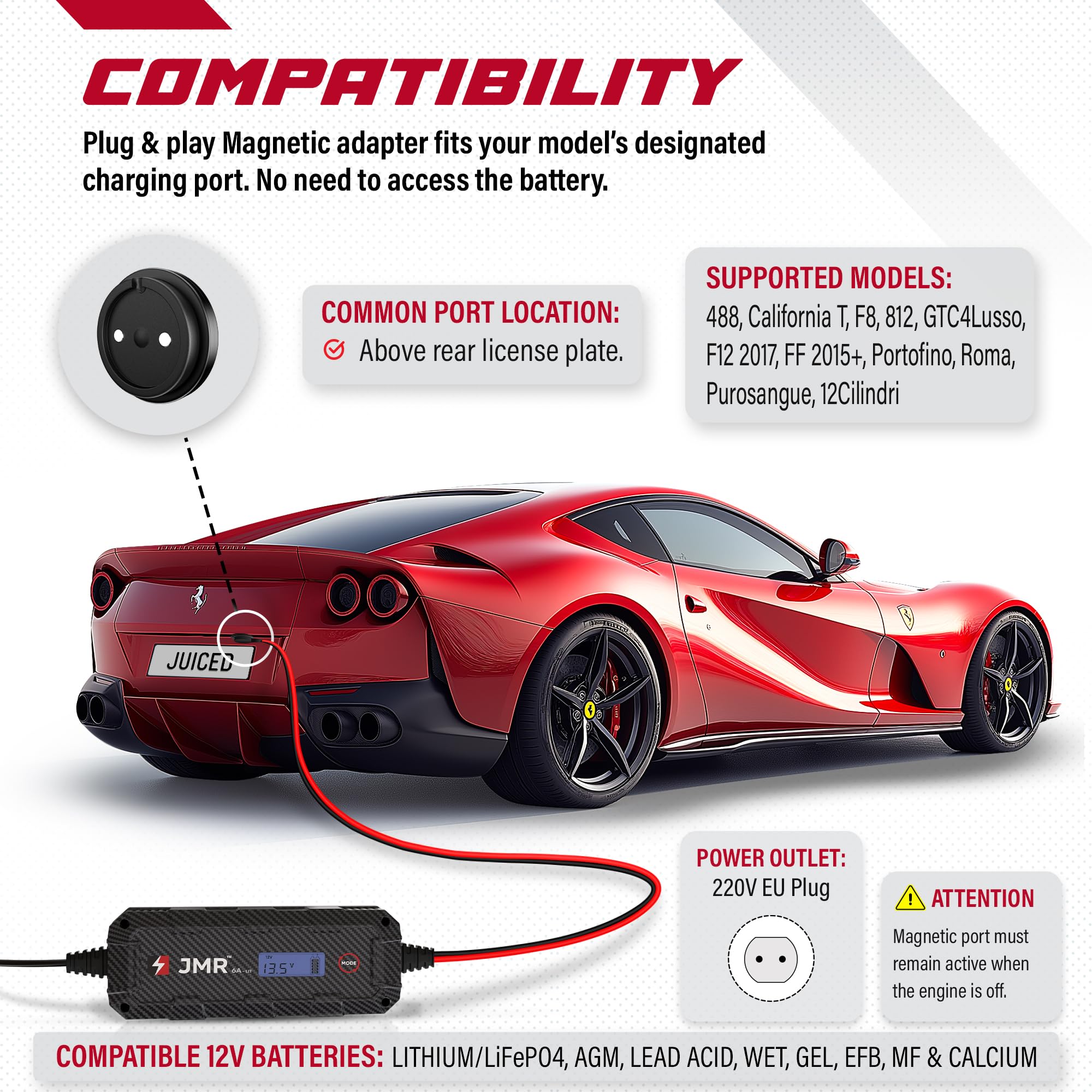 JMR Cargador de Bateria para Ferrari 488 F8 California T Portofino 812 Roma 296 GTC4Lusso FF F12 Purosangue Mantenedor de Carga Acondicionador (Puerto Magnético, Añadir Modo Litio)