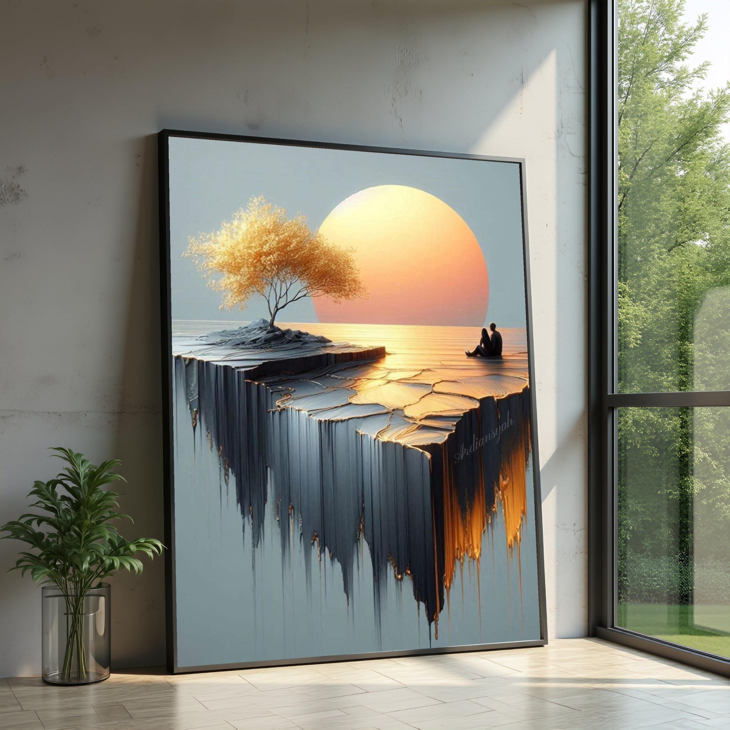 TONGYINLI Golden Sunset Reflection Canvas Pictures, Surreal Island Canvas Wall Art, Romantic Couple Silhouette, Landscape Painting(60x80cm/Frameless)