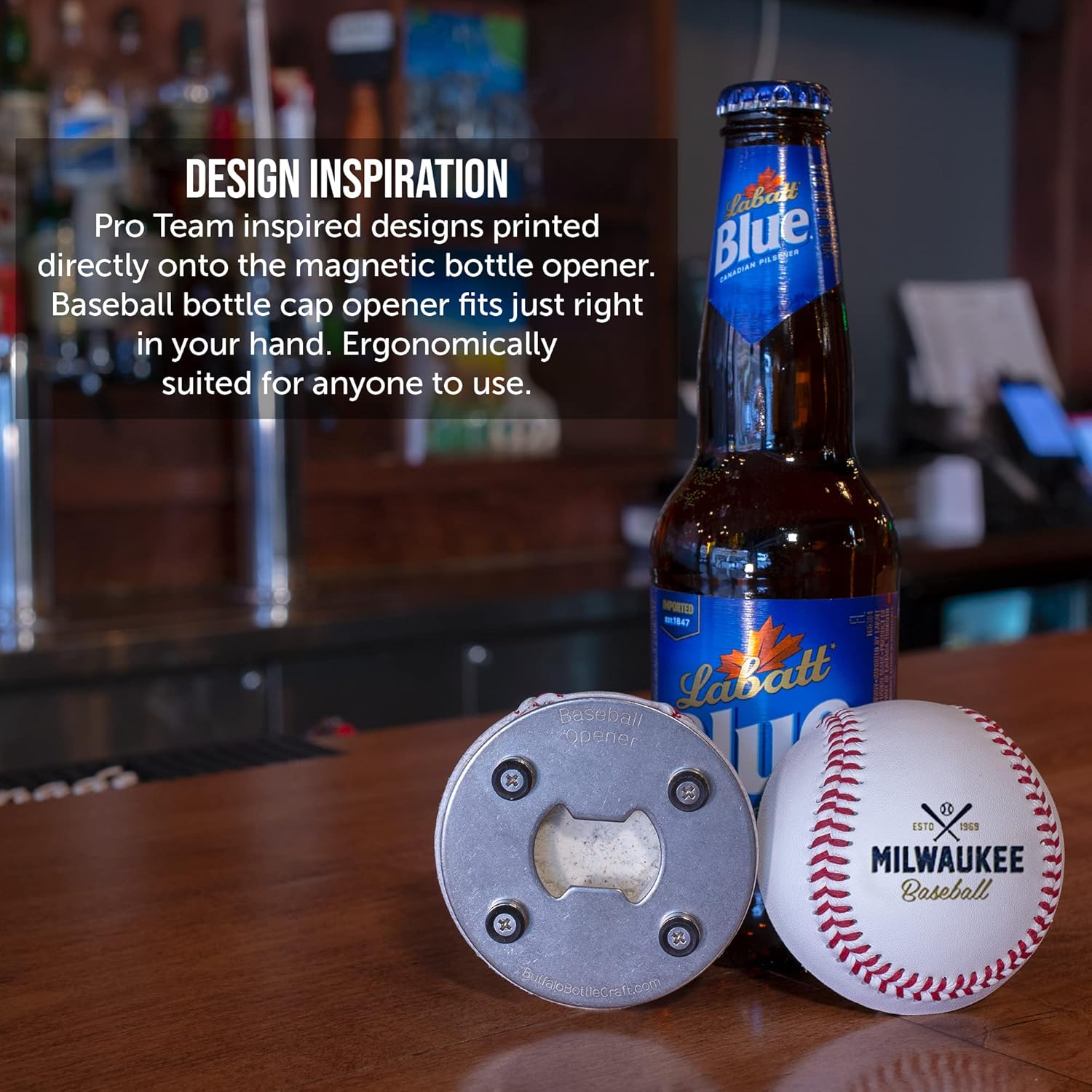 Milwaukee Beer Bottle Opener - Real Baseball Leather, Magnetic & Cap Catcher - Cool Gadget Gift for Men