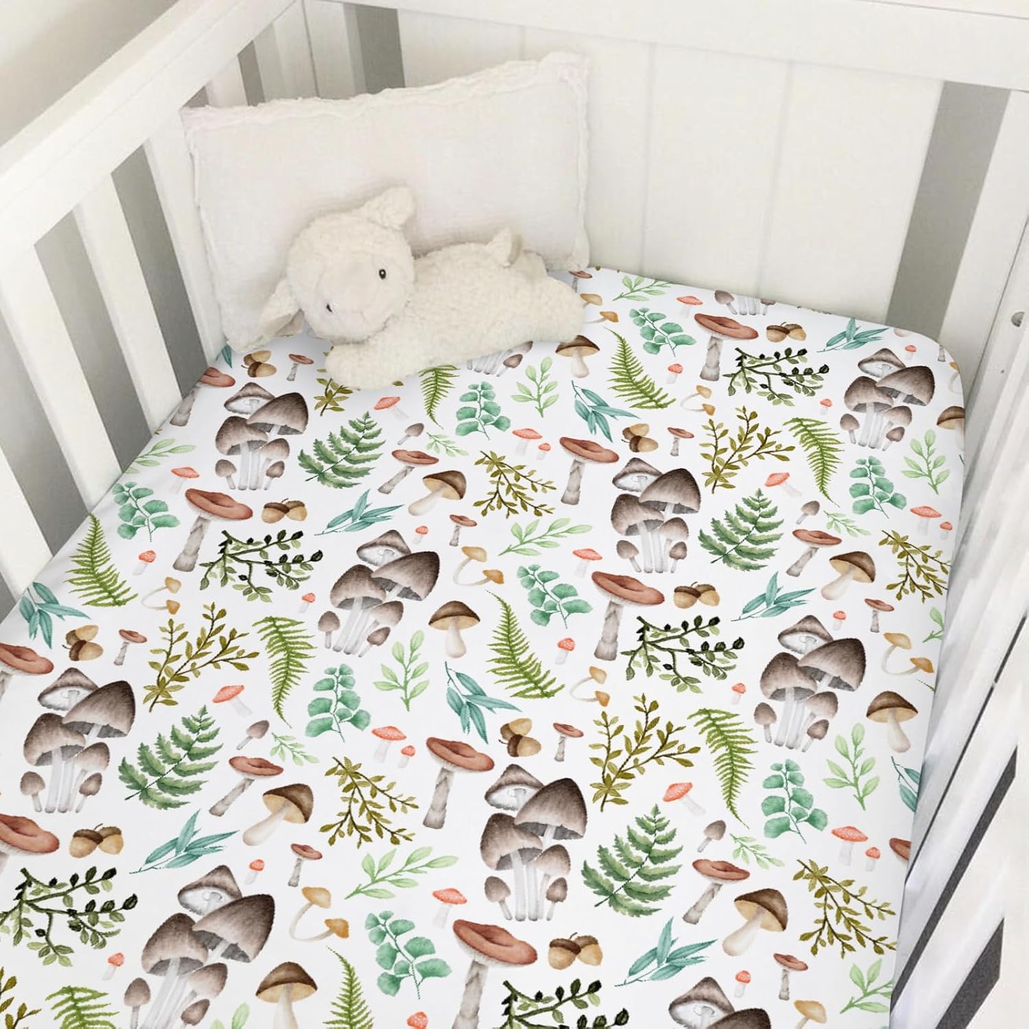Vintage Mushroom Baby Crib Sheets 52''x28'' Watercolor Mushroom Green Leaves Snug Fitted Crib Mattress Cover for Boy Girl Wild Plant Soft Baby Bed Sheets for Standard Crib & Toddler Mattress