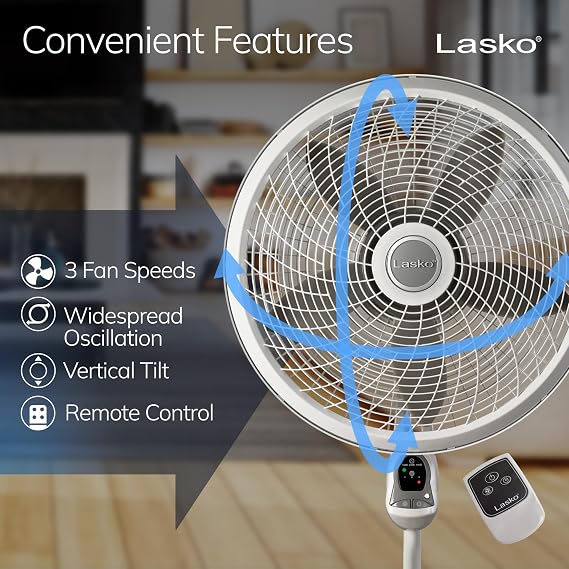 Lasko Cyclone Pedestal Fan, Adjustable Height, Remote Control, Timer, 3 Speeds, for Bedroom, Kitchen, Office and Living Room, 18, White, 1885, Large