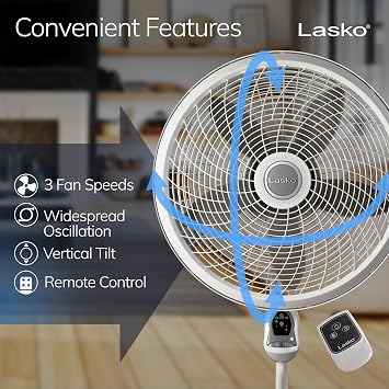 Lasko Cyclone Pedestal Fan, Adjustable Height, Remote Control, Timer, 3 Speeds, for Bedroom, Kitchen, Office and Living Room, 18, White, 1885, Large
