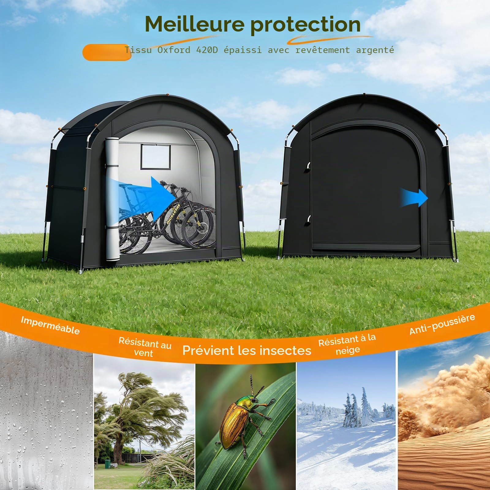 Abri À Vélos pour 2 Vélos Ou 1 Vélo Électrique,en 420D Oxford Imperméable,avec Porte Zippée Enroulable,200 X 165 X 80 Cm,avec Instructions Vidéo,Idéal pour Jardin,Camping Et Caravane