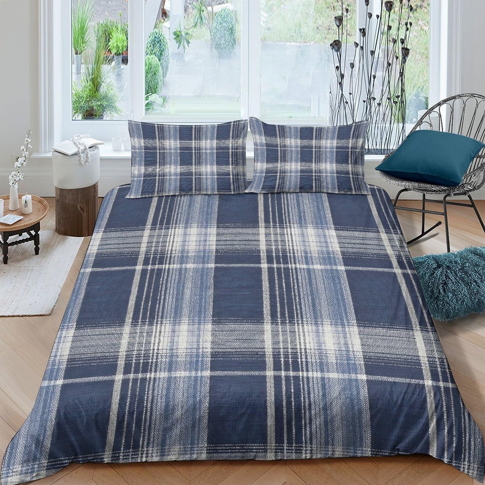 Ctjqhvkz Style-9 3D Printed Navy Blue Plaid Fitted Sheet Microfiber Soft Breathable Checkered Bed Cover For Bedroom Guest Room Decor Single（135X200cm）