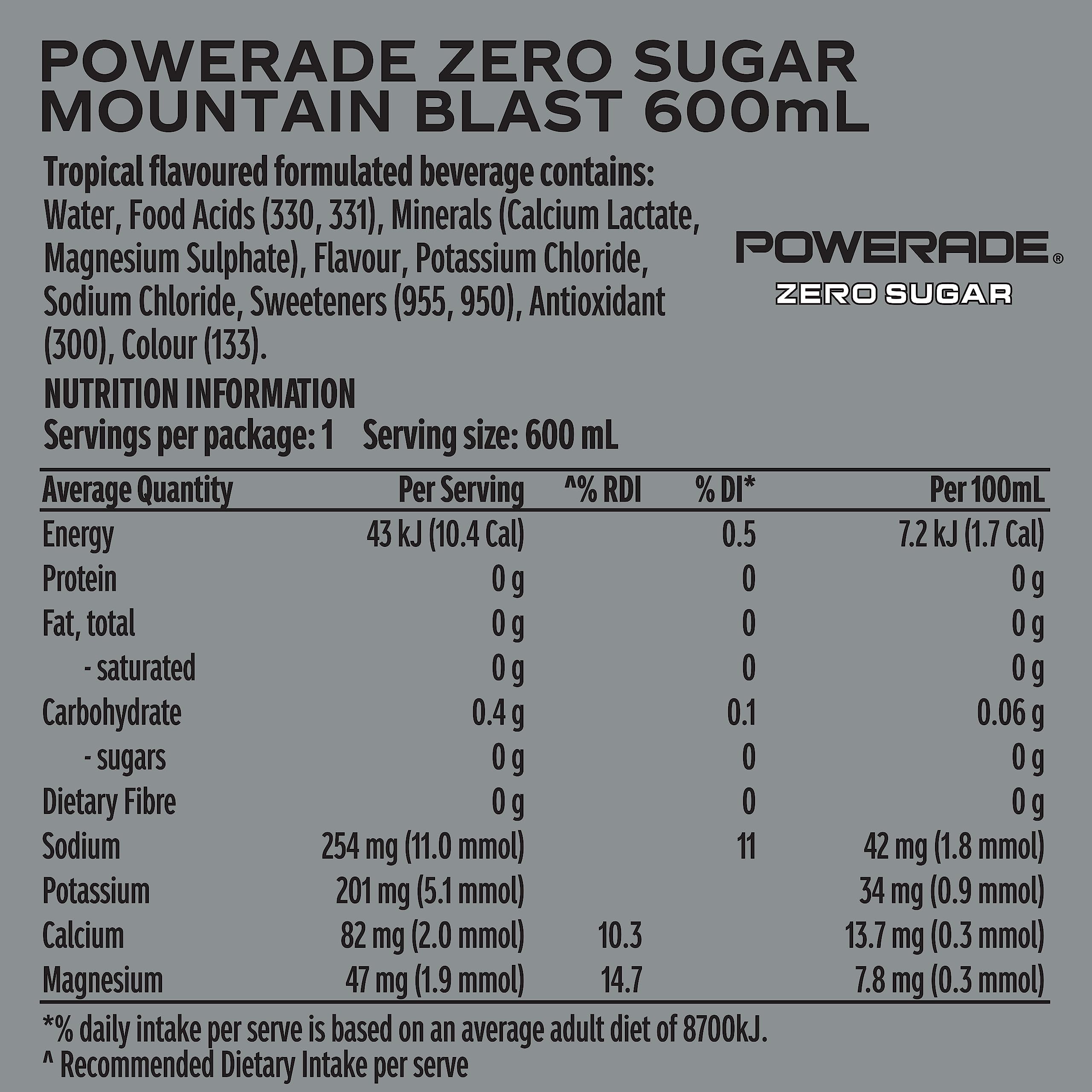 Powerade ION4 Mountain Blast Zero Sugar Lot de 12 bouteilles de boissons sportives 600 ml