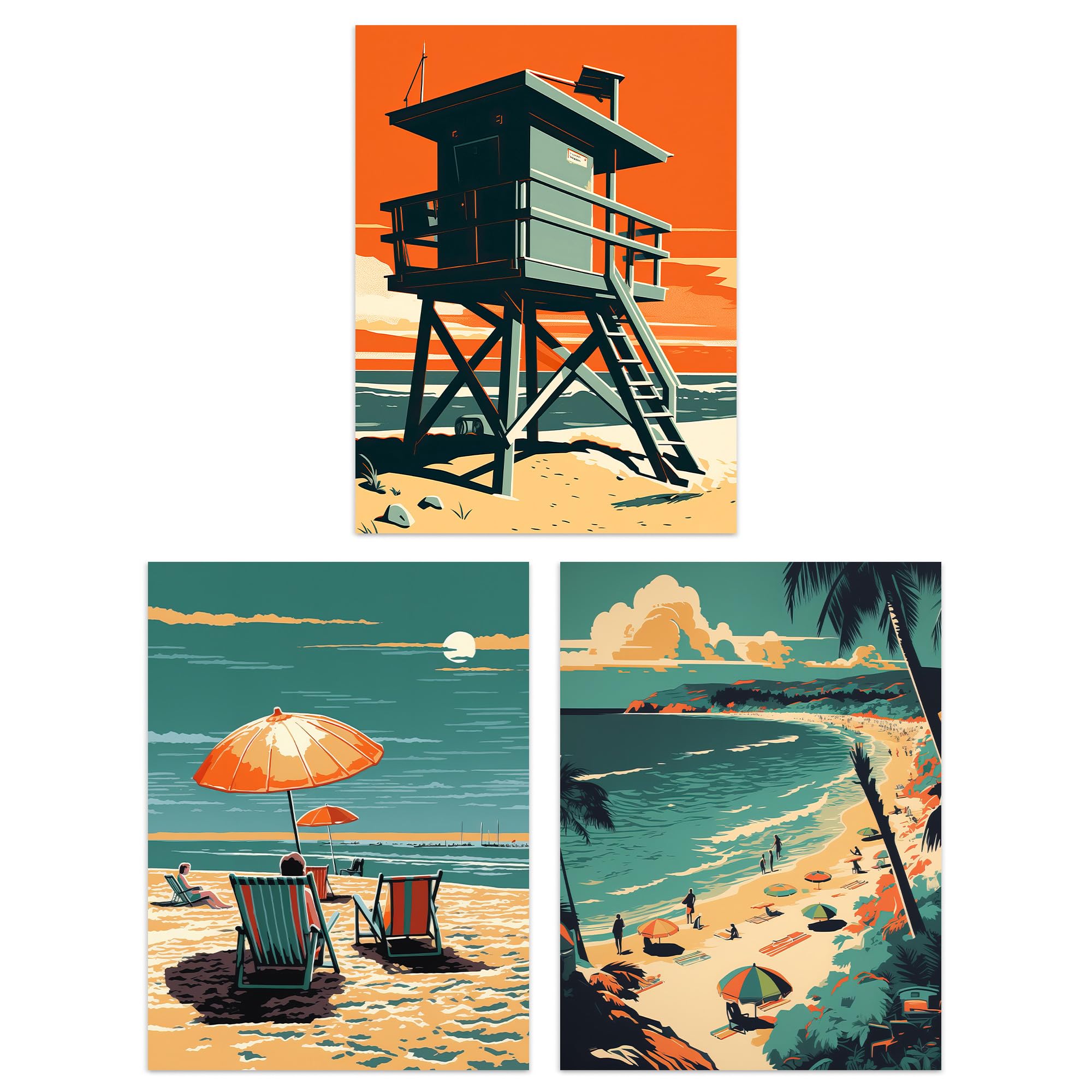 Artery8 Views Of The Beach - Set Of 3 Set Of 3 A4 Coastal Landscapes Graphic Artwork Orange Teal Summer Beach Holiday Unframed Wall Art Living Room Poster Prints Pack