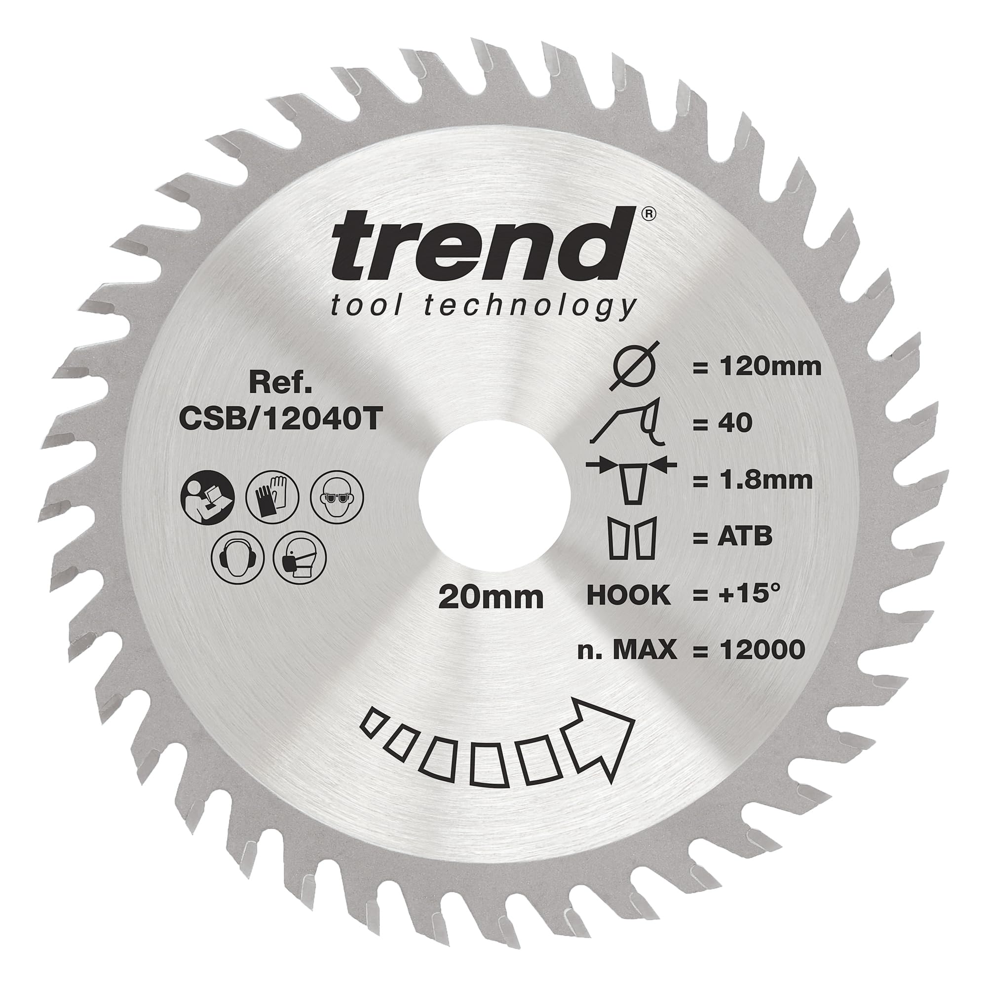 Trend Hoja sierra circular madera 120mm 20mm, 40T TCT | Dientes TCT finos para cortes transversales limpios en madera: 15° gancho, 1,8 mm de corte, CSB/12040T
