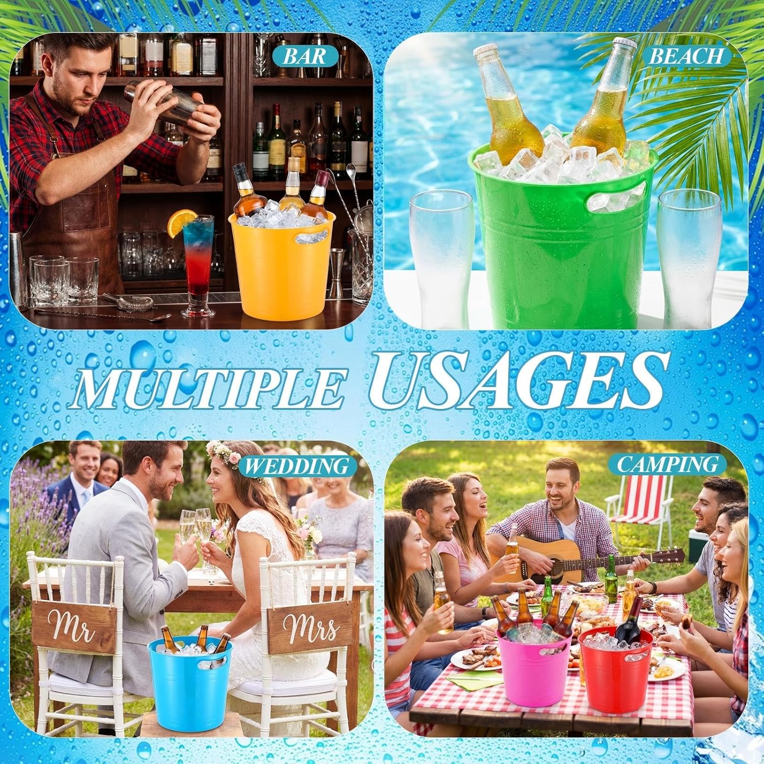 meekoo 6 Pcs Plastic Ice Buckets for Parties with 6 Scoops, 6L Colored Plastic Buckets with Handles Large Wine Bucket Portable Ice Holder Cooler for Party Wedding Beverage Champagne Soda Beer Drink