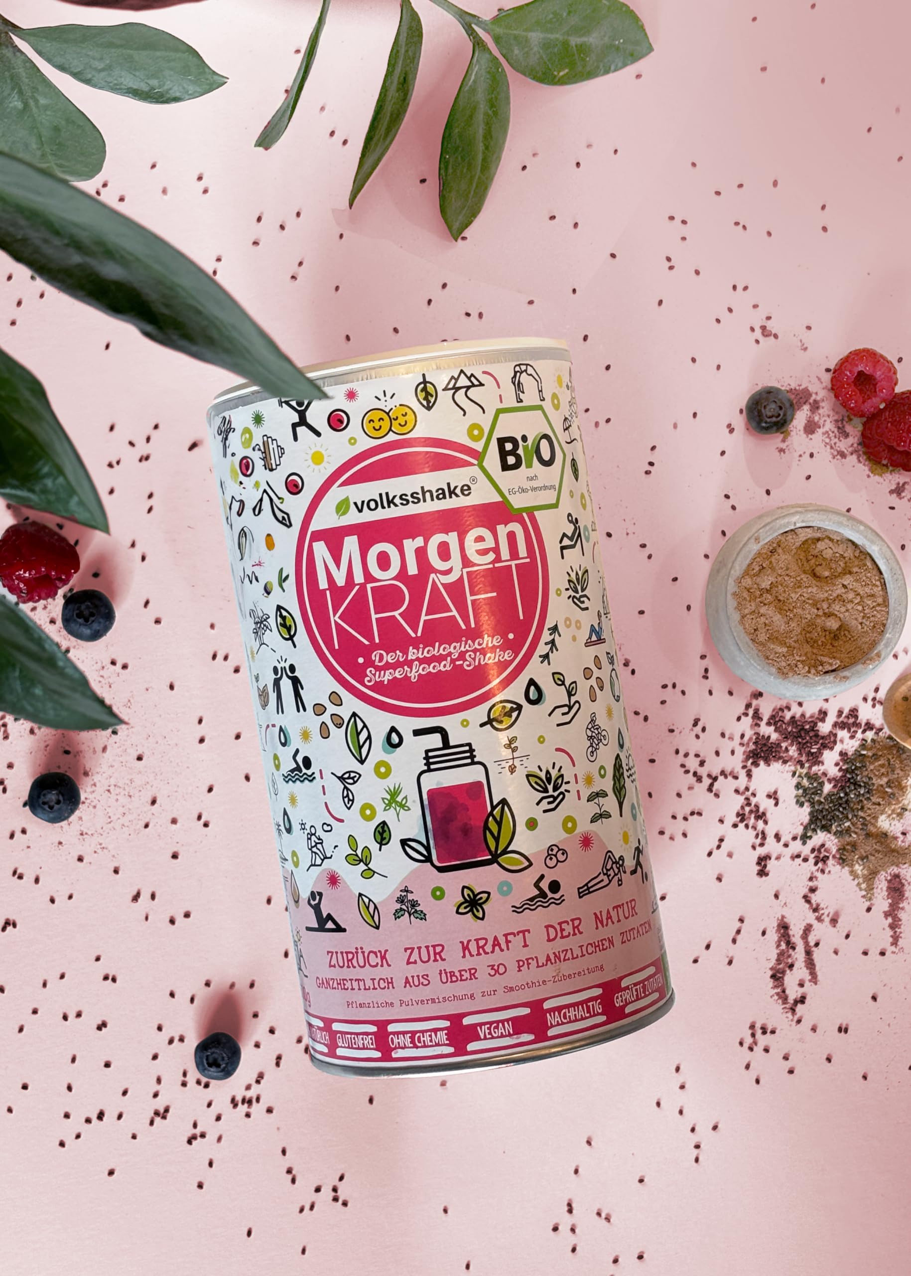 BIO Morgenkraft | Smoothiepulver | 500g | DE-ÖKO-006 | Der biologische Wachmacher am Morgen | Über 30 Zutaten wie Beeren, Kurkuma, Guarana und Maca | Premiumqualität vom Bodensee | Made in Germany
