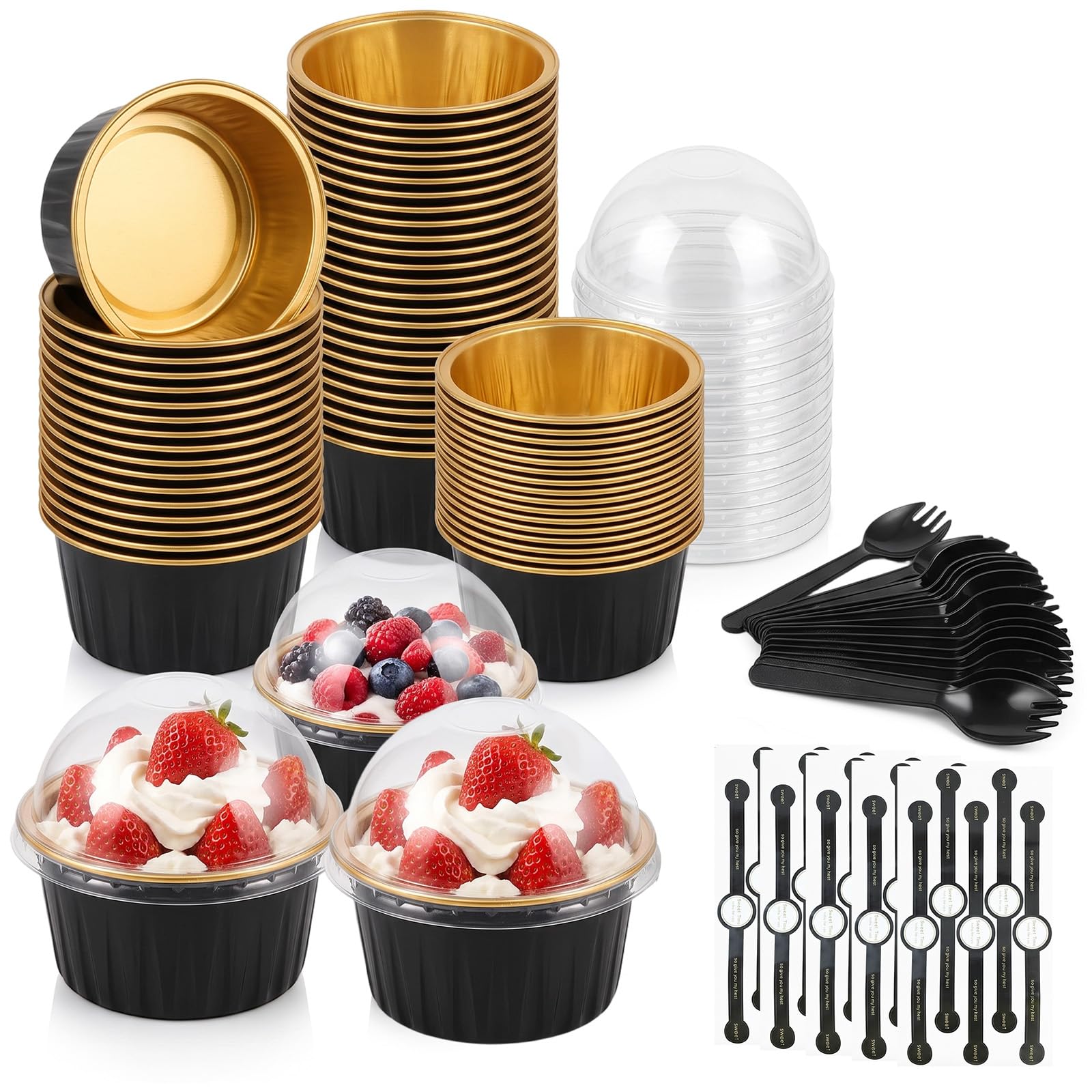 50Pcs Mini Cake Tins with Lids and Spoons Stickers, 5oz/150ml Round Aluminum Foil Baking Pans, Cupcake Cases Mini Cake Baking Cups for Bread Dessert Wedding Birthday Party Picnic - Black Gold