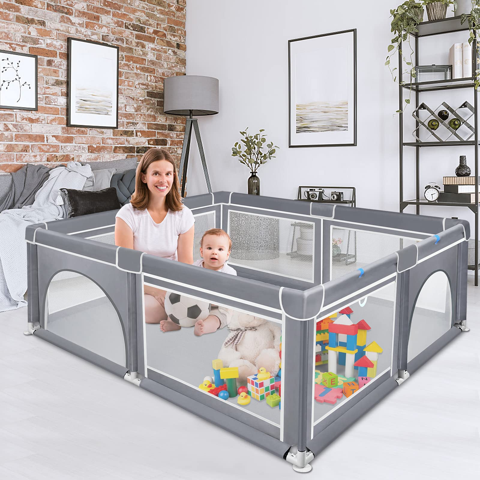 LZQ Recinto Gioco Grigio per Bambini, Ventose Fisse, 150x180x68 cm | Rete traspirante trasparente, struttura robusta, antiscivolo, sicura protezione bimbi, montaggio semplice e veloce