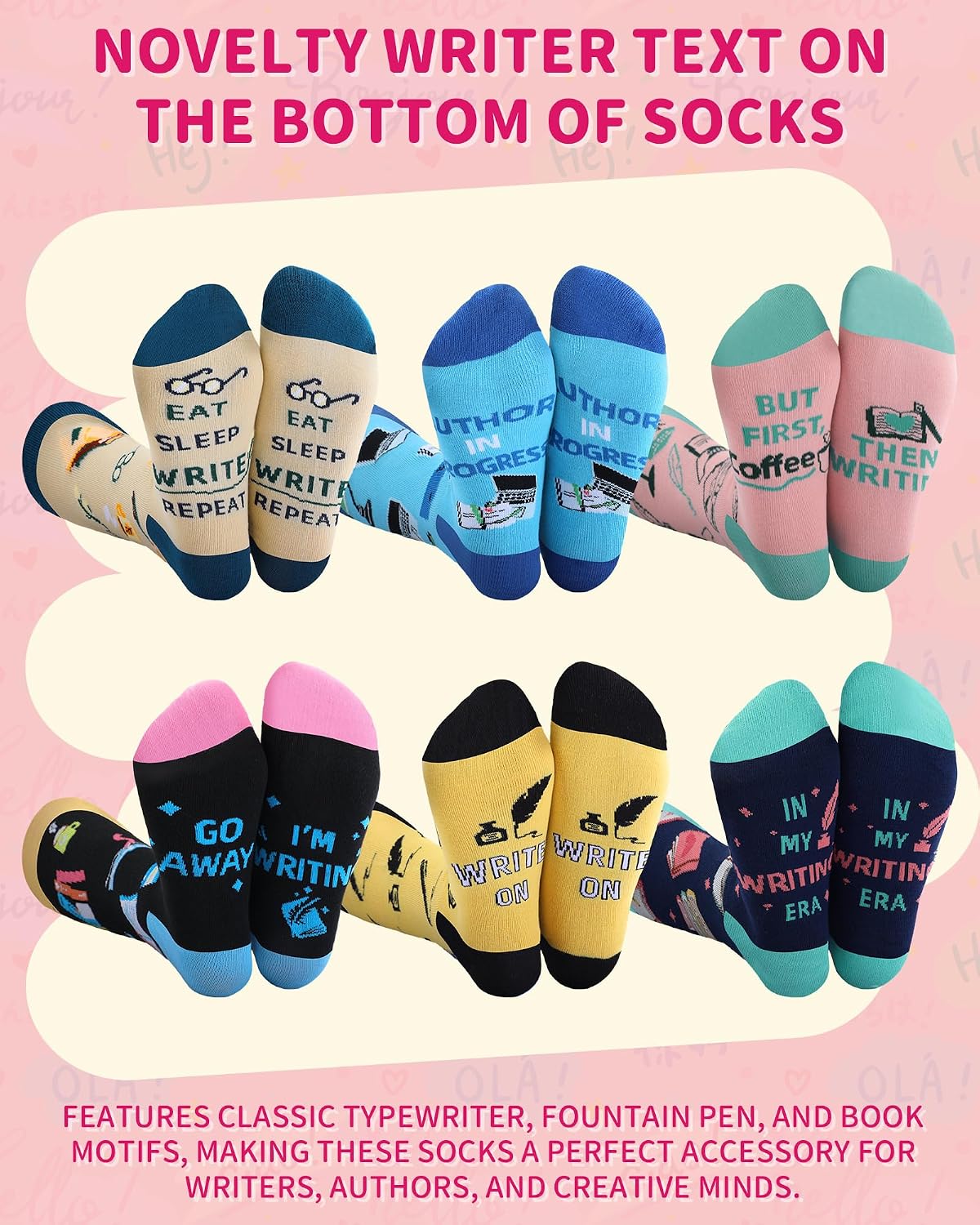 Berlune 6 Pairs Writers Socks Women Men, Cotton Crew Socks Gifts,Writer image 3