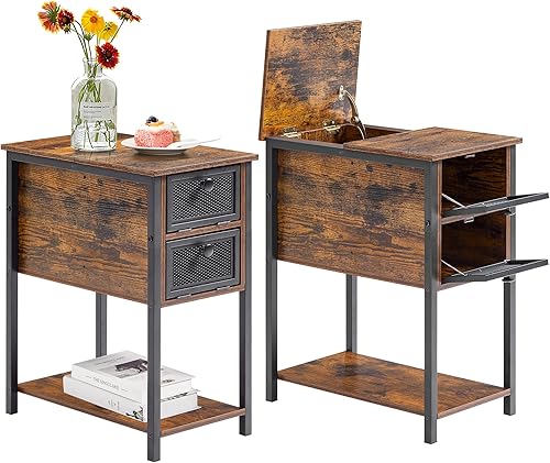 VECELO Mesita de noche de 273 pulgadas de alto mesas auxiliares mesita de noche con cajón abatible y estante de almacenamiento estilo industrial