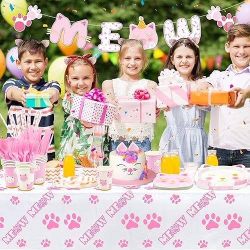Miniatura 4 de 167 piezas de suministros para fiesta de cumpleaños de gatos Cartel de gatito MEOW, platos de papel de gato, servilletas, vasos, manteles,