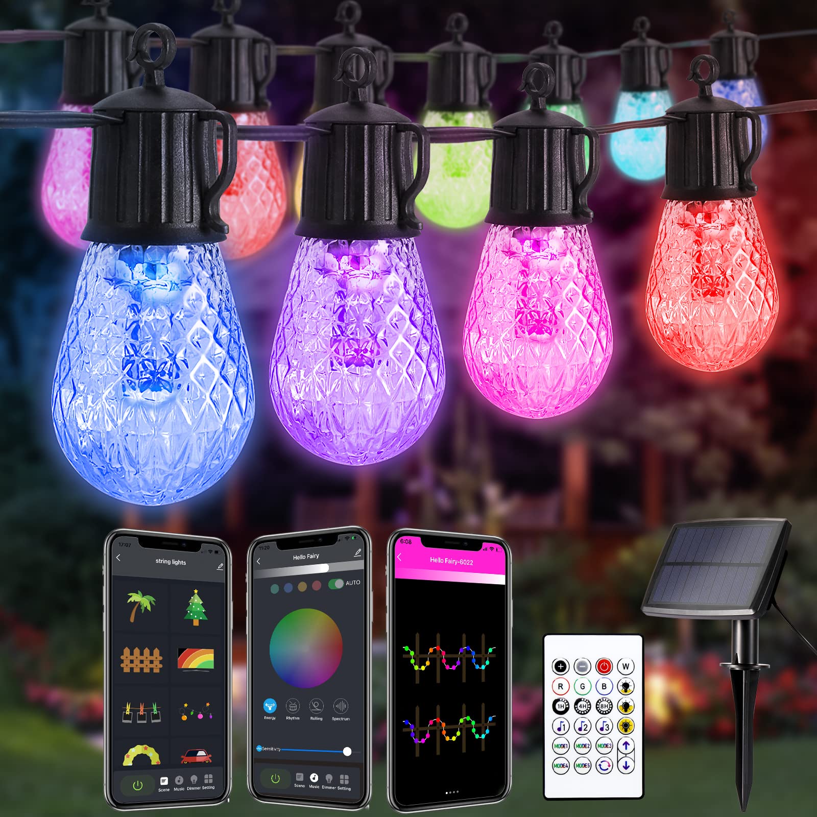 Solar Outdoor String Lights Waterproof, 48 FT LED String Lights Dimmable, Sync with Any Music, Multicolor S14 Bulbs, Solar Christmas Lights Outdoor Patio Lights for Backyard, Garden Xmas Decoration