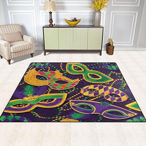 Miniatura 3 de ALAZA Alfombra de carnaval de Mardi Gras para sala de estar, dormitorio, antideslizante para decoración del hogar, 5.3 x 4 pies