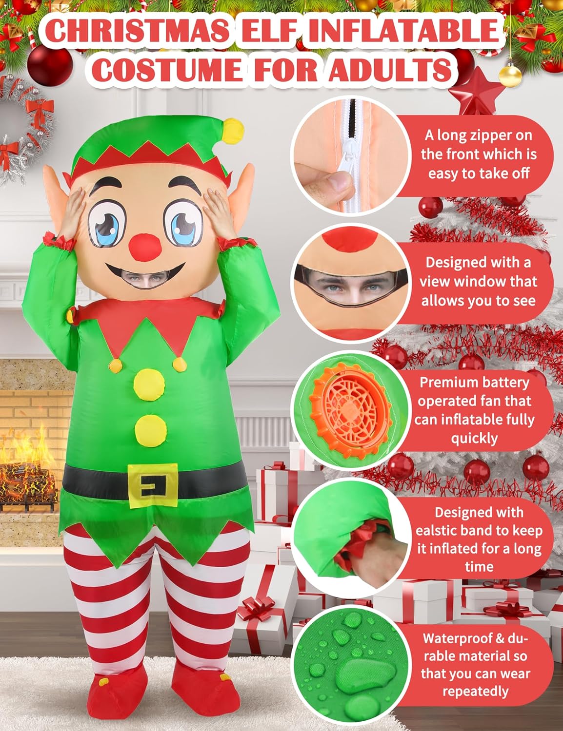 Elf Costume Men Inflatable Christmas Costume for Adult Women Blow Up Elf Outfit Xmas Holiday Cosplay Party Blowup Suit - Image 4