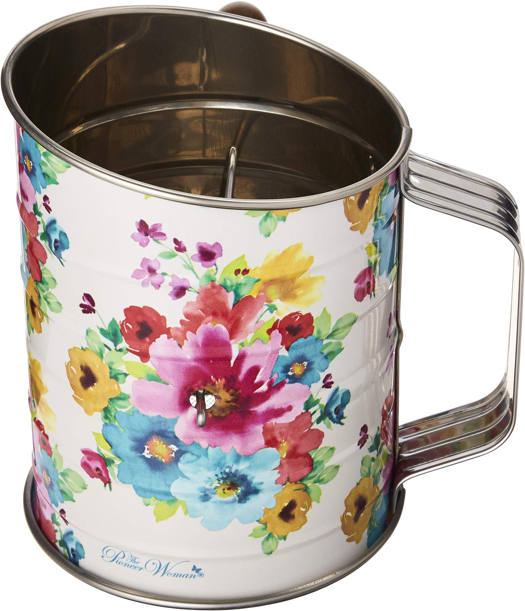 Spring Bouquet Stainless Steel Handheld Crank Sifter with Acacia Handle
