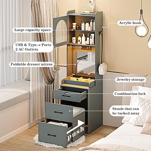 Miniatura 4 de HWB Juego de tocador de maquillaje de esquina pequeño que ahorra espacio con espejo superior abatible y luces LED, perfecto para el dormitorio, mesa