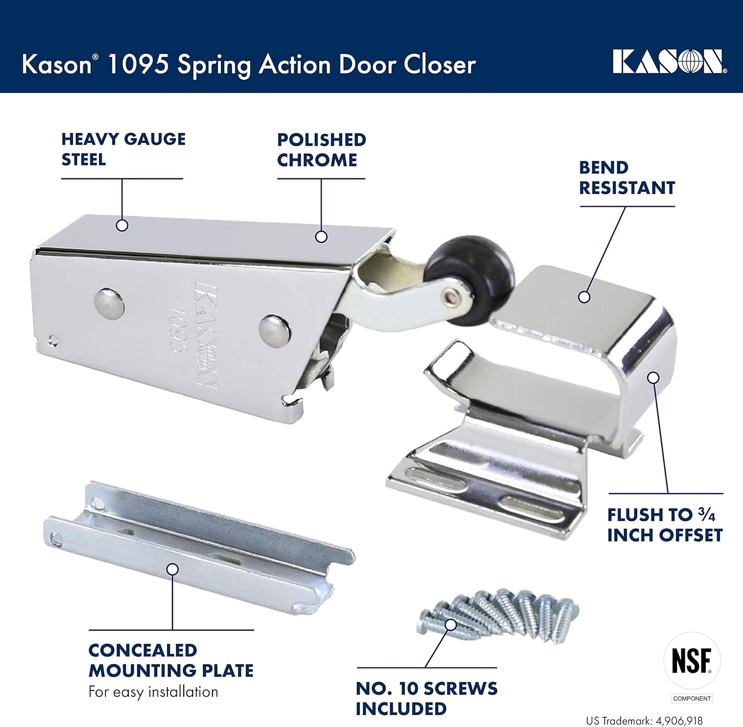 Kason 1095 Spring Action Door Closer and Adjustable Wide-Hook, Flush to 3/4 Inch Offset, 11095000013_11094000026
