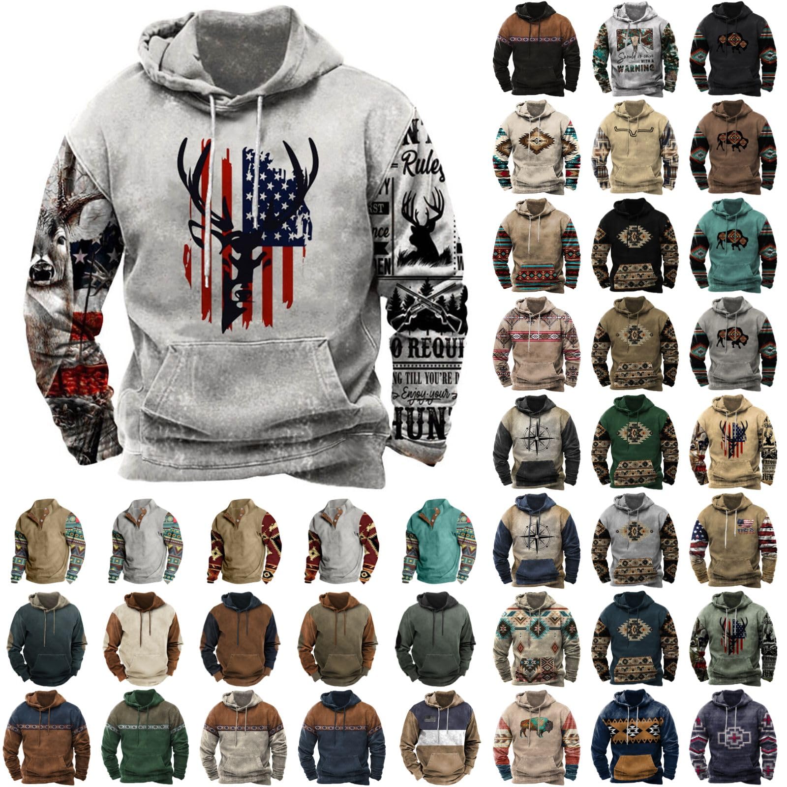 FeanceyMens Hoodies Pullover Vintage Aztec Pattern Hoodie Ethnic Long Sleeve Blouse Western Graphic Sweatshirts with Pockets