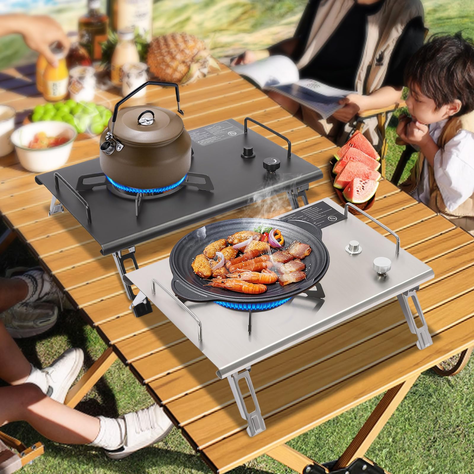 Bokknppo Camping Stove Small Tabletop Portable Gas Stove with Adjustable Burners Stainless Steel Foldable Table IGT Stove Propane Burners for Outdoor Cooking (Silver)