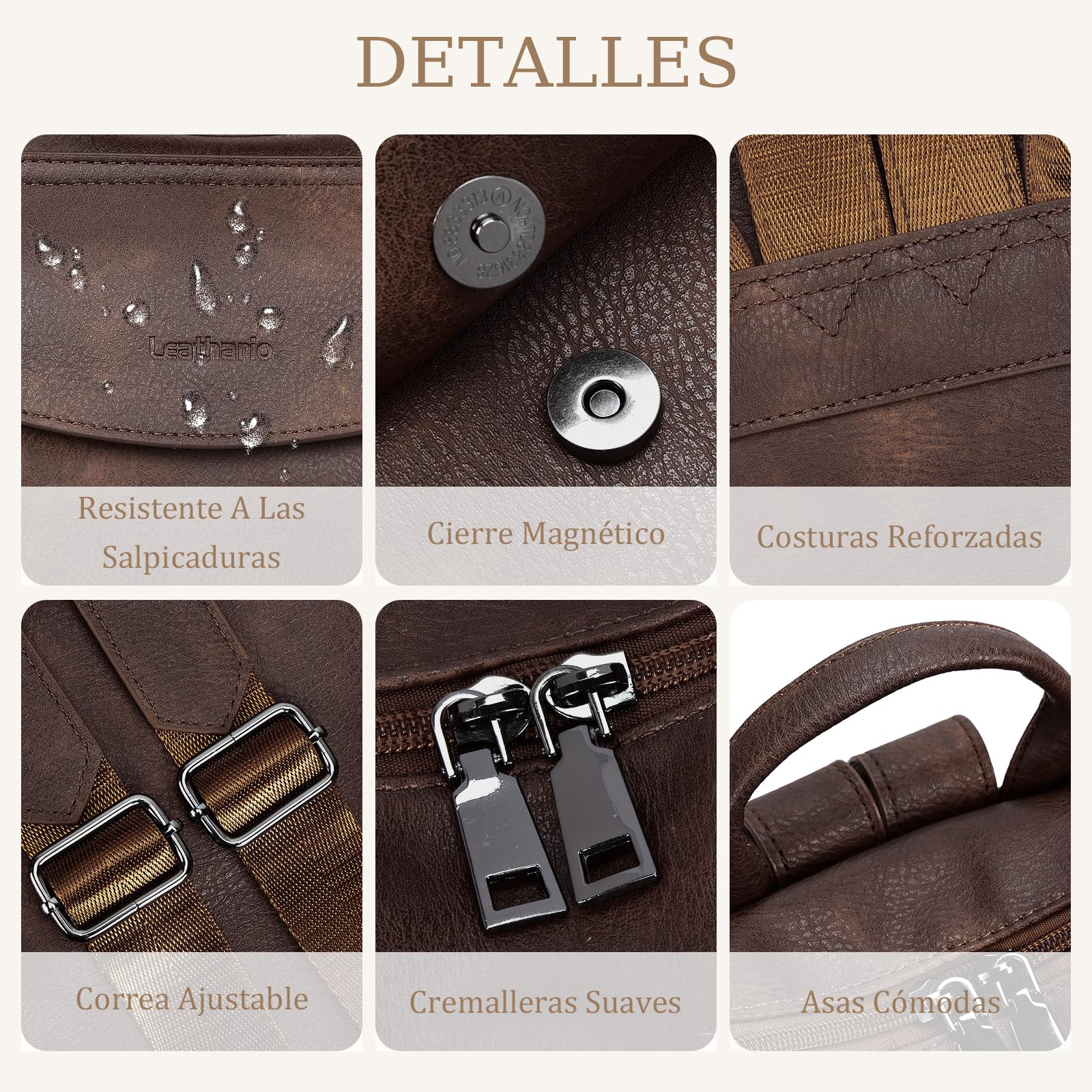 Leathario Mochila de Cuero Vegano Impermeable y Antirrobo para Mujer, Elegante Mochila para Portátil, Oficina, Universidad y Viaje, Negro Carbón