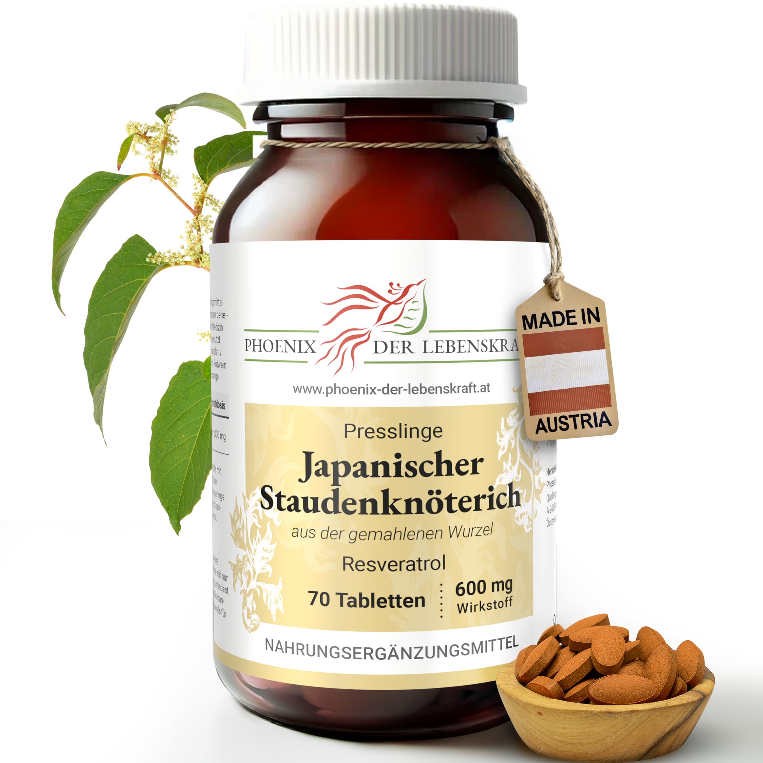 Japanischer Staudenknöterich Tabletten 600 mg | 70 Tabletten Polygonum cuspidatum | Qualität aus Österreich | aus gemahlener Wurzel | praktische Tabletten statt Kapseln | Fallopia japonica, Huzhang