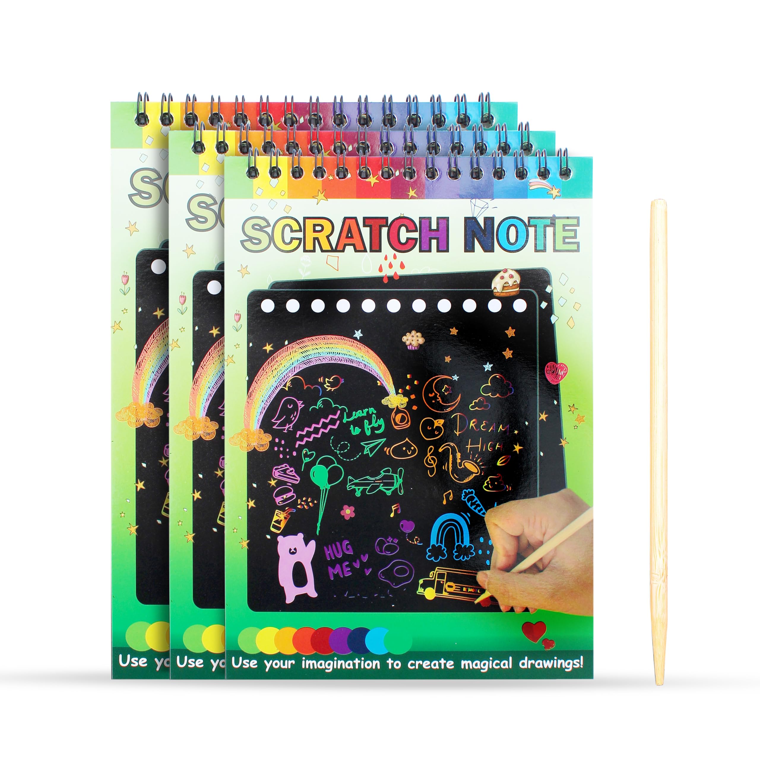 GLUN® Scratch Notepad with Magical Rainbow Color, Pencil Stick Notepad, Educational Toy for Kids, Wooden Stylus & 3 Drawing notpad for Girls and Boys