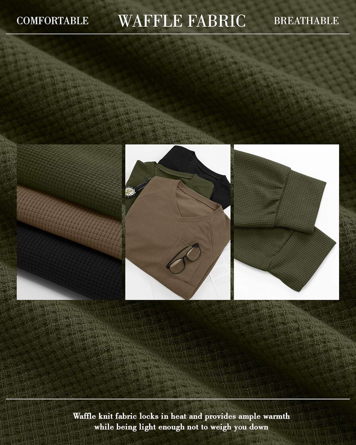 Neer 3 Pack Men's Big and Tall Waffle Thermal Long Sleeve Shirts V Neck Tops Casual Pullover Knit Undershirt with Pockets - Image 3