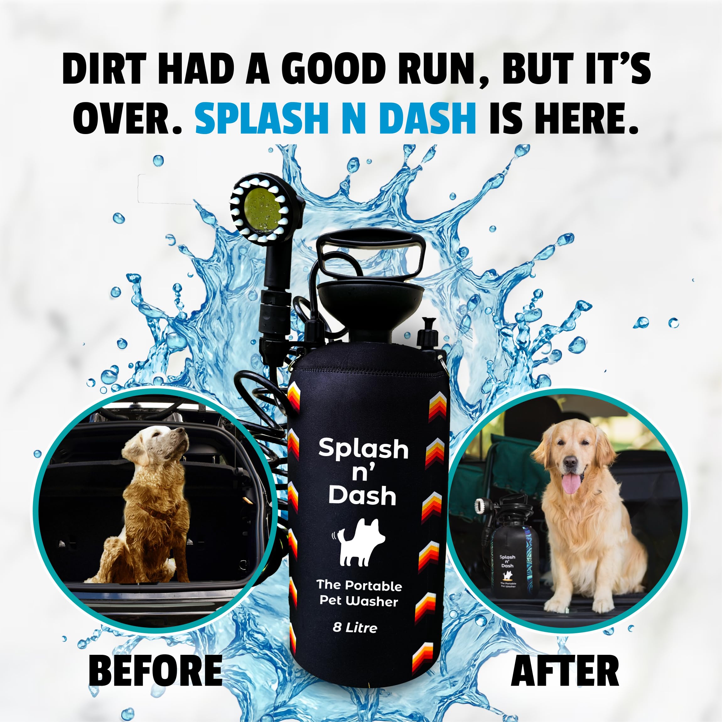 Splash n' Dash 8 Liter tragbare Hundedusche - Manuelles Duschset mit Bürstenkopf & Neoprenmantel - Tragbare Hundewaschanlage für Zuhause, Reisen oder Outdoor