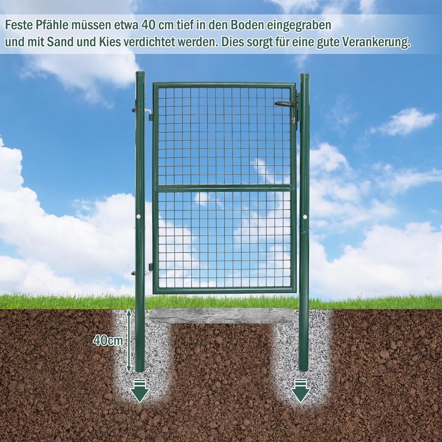 Cancello da giardino, 125 x 100 cm, verde, in acciaio zincato, con maniglia e 3 chiavi, resistente alle intemperie, robusto e durevole