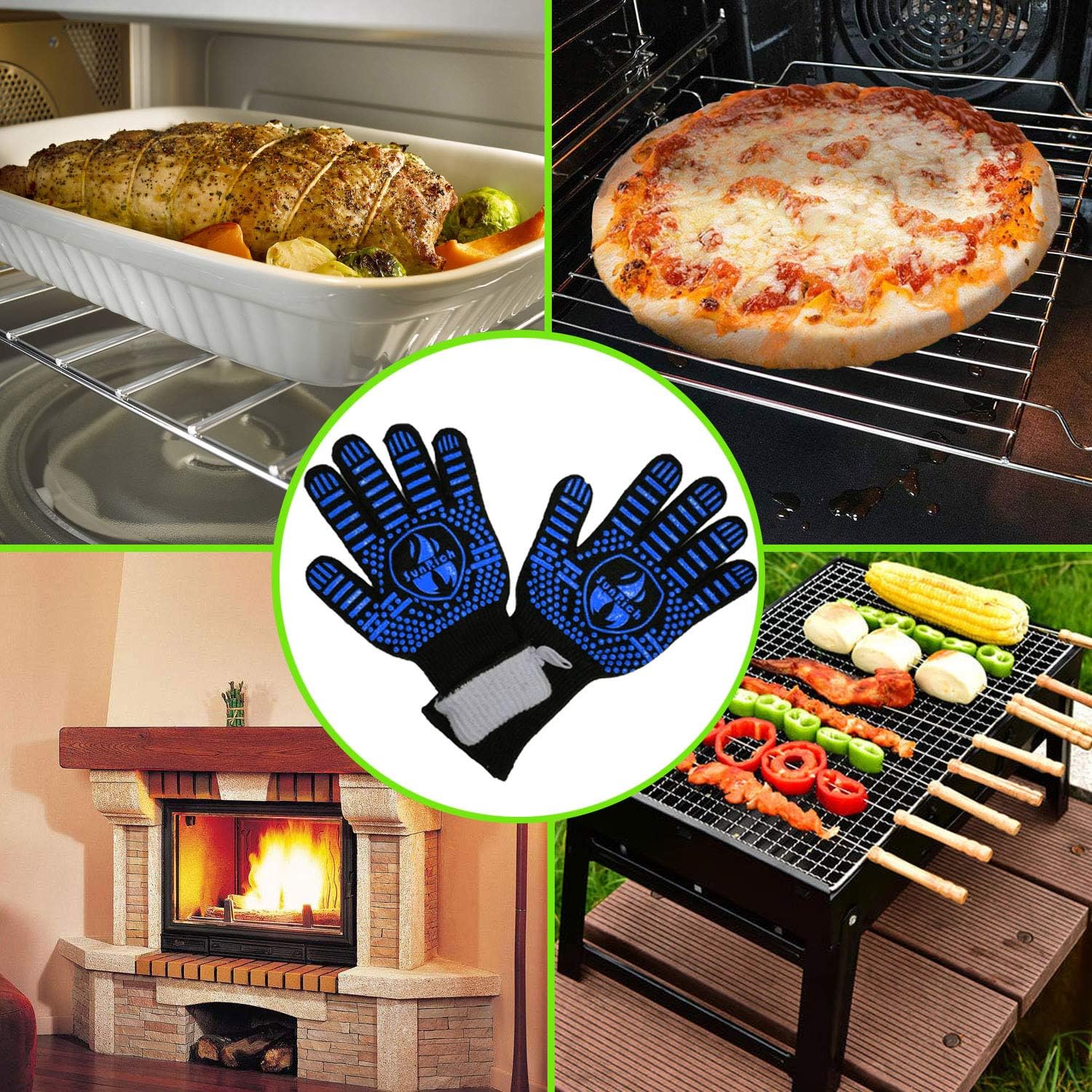 BBQ Grill Gloves 1472℉ Heat Resistant Barbecue Grilling Gloves Kitchen Oven Mitts Silicone Non-Slip Cooking Gloves for Cooking/Baking/Welding/Cutting, 14 Inch by Sunrich (Blue) : Patio, Lawn & Garden