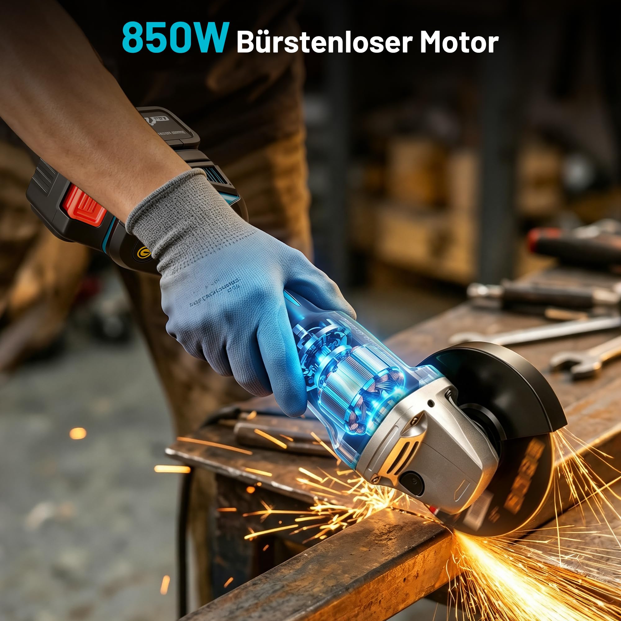 YEARTOP Akku Winkelschleifer Ø 125mm Kompatibel mit Makita 18V Akku | für Holz Metall Trennen und Schleifen, Bürstenloser Motor 3 Stufen Regelbar 9000 U/min Akku Flex mit 2x 3.0Ah Akkus